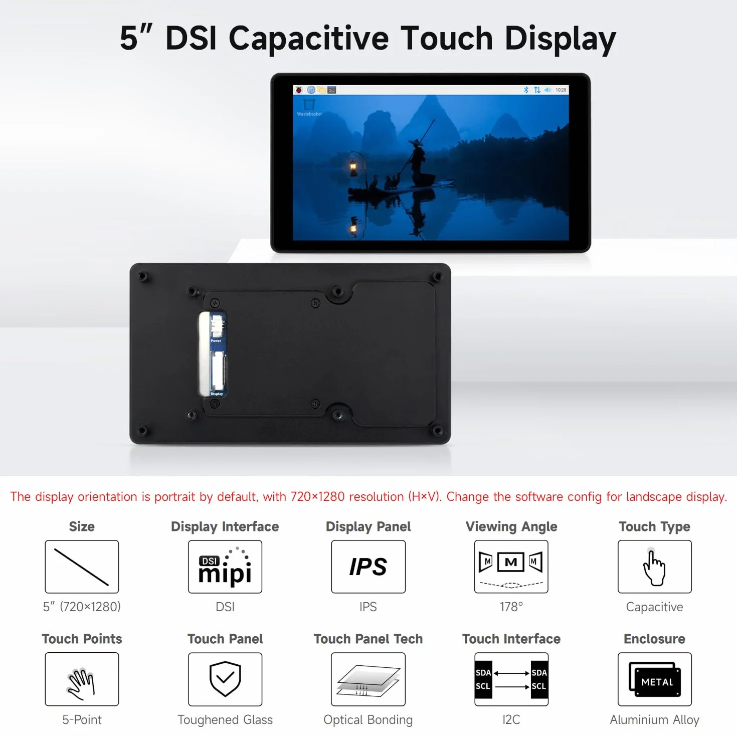 Waveshare 5inch DSI Capacitive Touch Display for Raspberry Pi 5/4B/3B+/3A+, 720×1280 IPS, Optical Bonding Toughened Glass, Aluminum Case