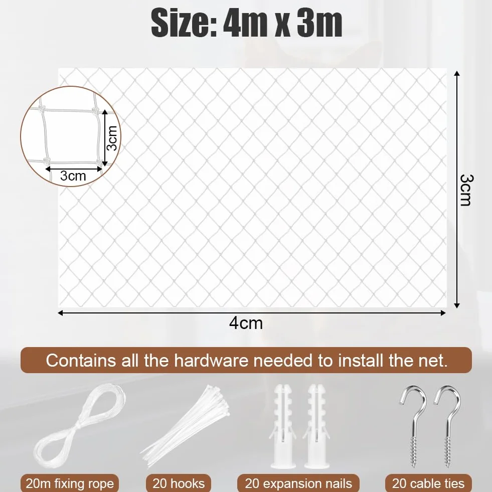 Siatka dla kota na balkon 4 x 3 m nylon wzmocniony antygryzący antyupadowa z liną montażową