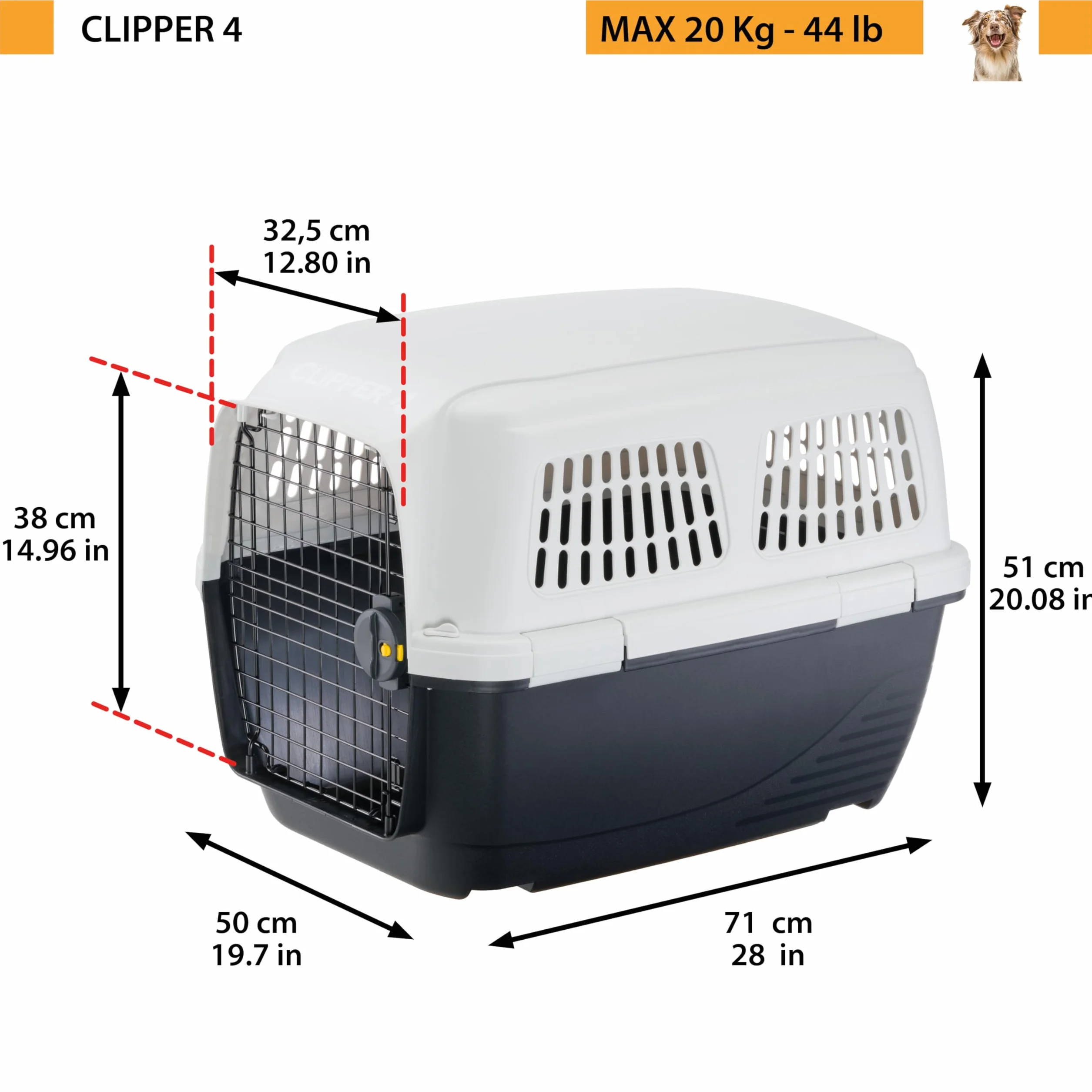 Ferplast CLIPPER 4 Transporter dla Psów, IATA, Średni Rozmiar Maks. 20 kg, Twardy, do Podróżowania Samochodem, Samolotem, Pociągiem, 71 x 50 x wys. 51 cm