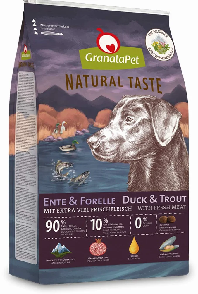 GranataPet Natural Taste Kaczka i pstrąg, sucha karma dla psów, karma dla psów bez zbóż i bez dodatków cukru, pełnoporcjowa karma dla dorosłych psów, 12 kg