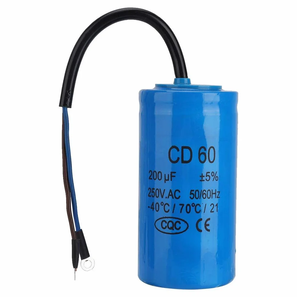 Kondensator roboczy silnika, CD60 250 V AC 200uF 50/60 Hz, mikrofaradowy kondensator z kablem do sprężarki powietrza silnikowego