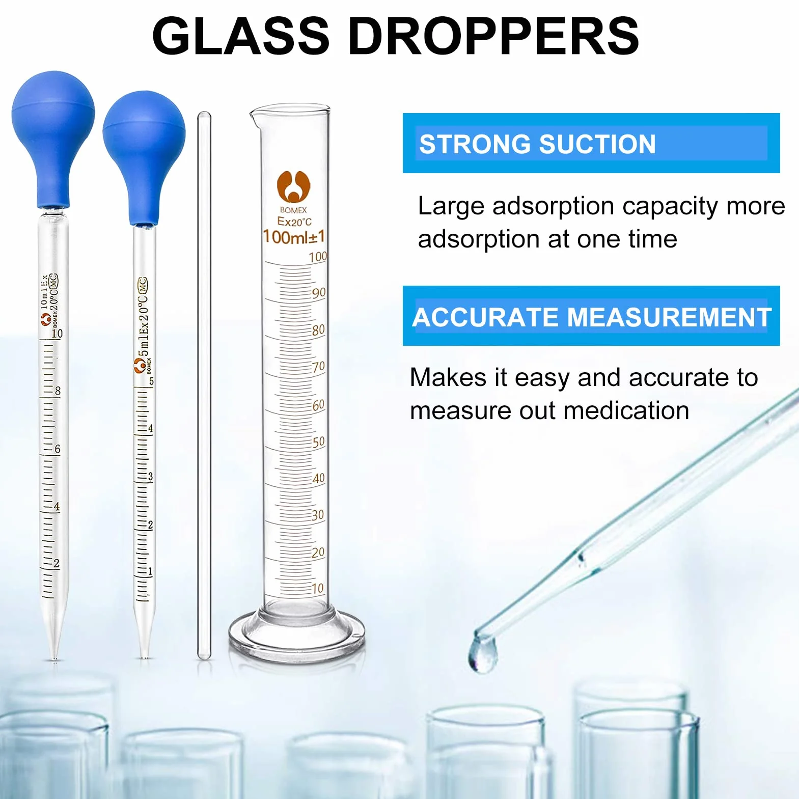 Szklane pipety 5 ml 10 ml cylinder z podziałką 100 ml z zakraplaczem do laboratorium