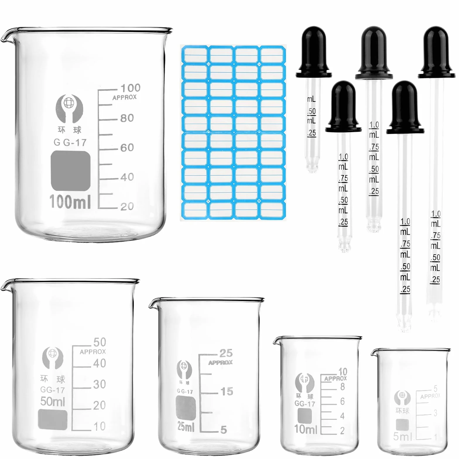 5 sztuk mini miareczek 100ml 50ml 25ml 10ml 5ml, zlewka z miarką, szkło borosilikatowe mini miarka z miarkowanym kroplomierzem i naklejką z etykietą, zlewka do laboratorium