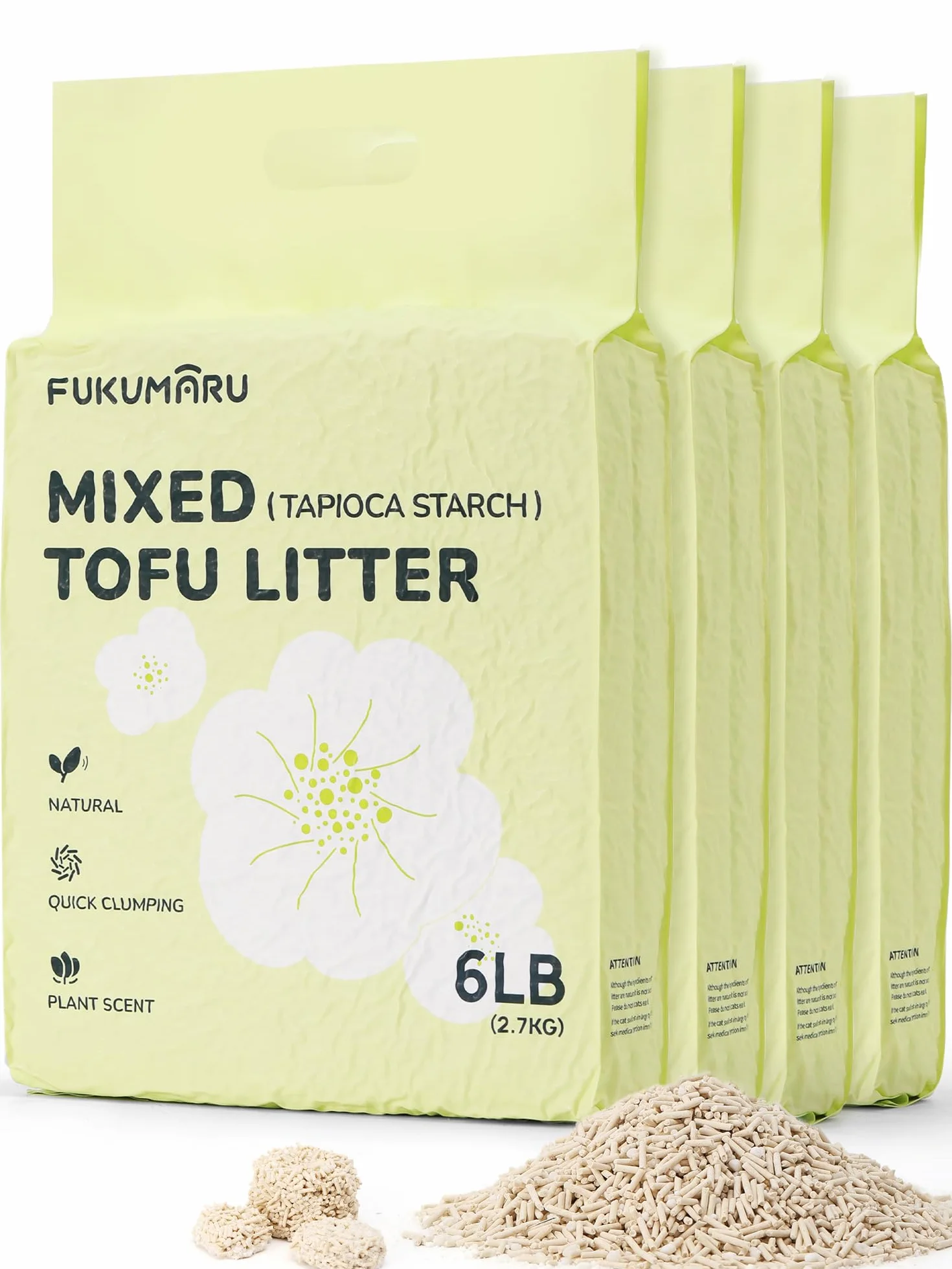 FUKUMARU Żwirek dla kota Tofu, szybka kontrola zapachu, zapach gardenii, naturalna skrobia fasolowa i skrobia maniokowa, bezpyłowa, spłukiwana, niska przyczepność, ultra chłonny, lekki, 2,7 kg x 4