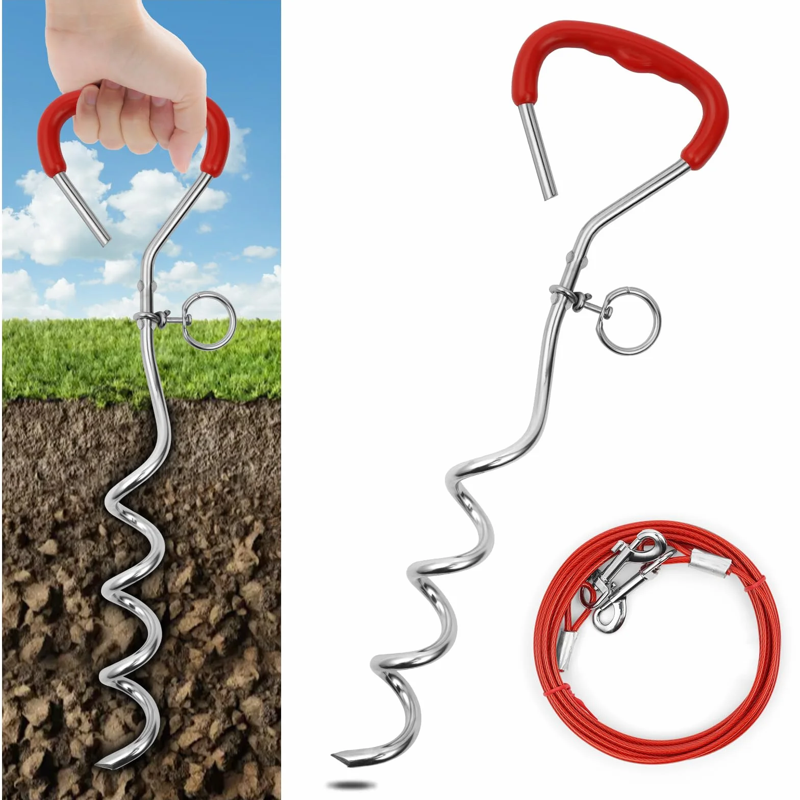 Aomig 20 m (3 m) kabel do wiązania dla psa, wytrzymały kabel do wiązania dla psa ze spiralnym palikiem uziemiającym, solidny palik dla psa, stalowy, spiralny, uziemiony, akcesoria dla psa, na zewnątrz