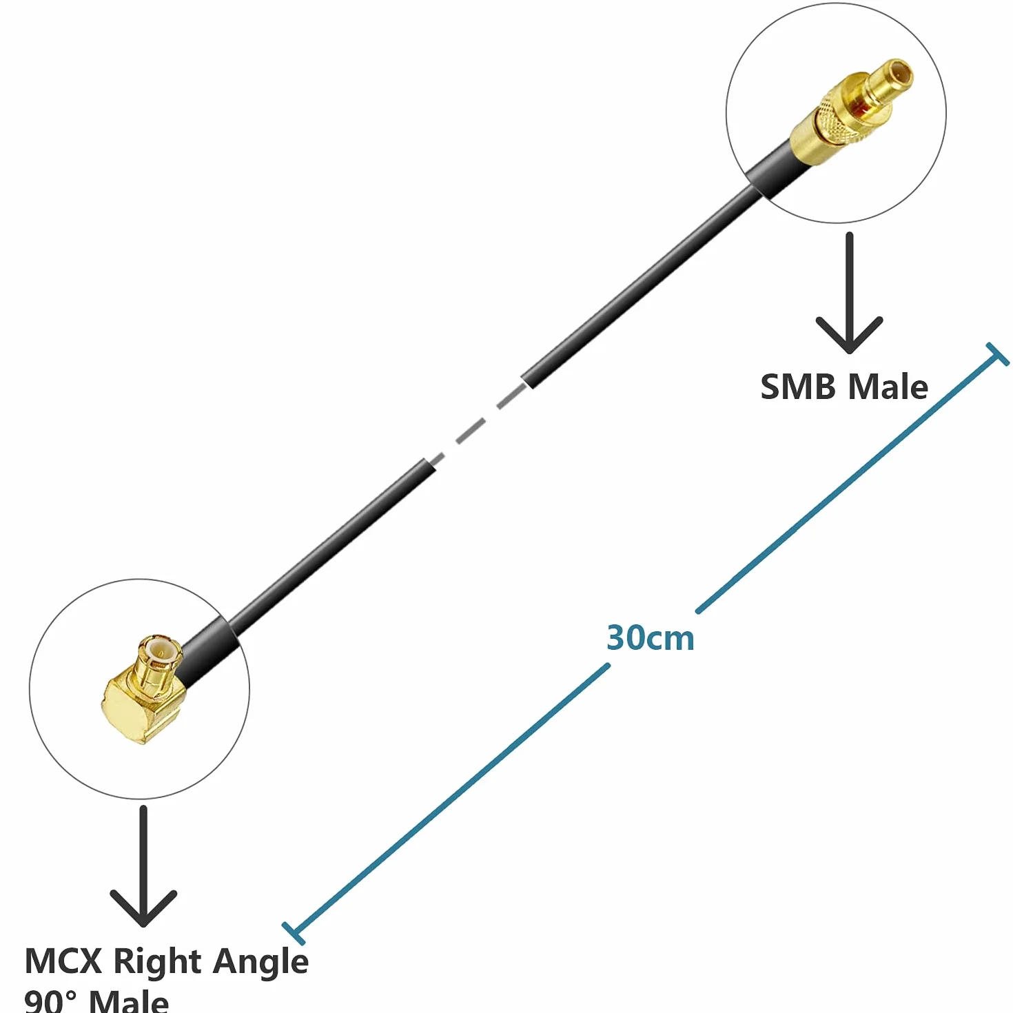 Vecys SMB Męski do MCX Męski Kątowy Adapter MCX RG174 Kabel 30 cm/12 cali Przedłużacz Antenowy
