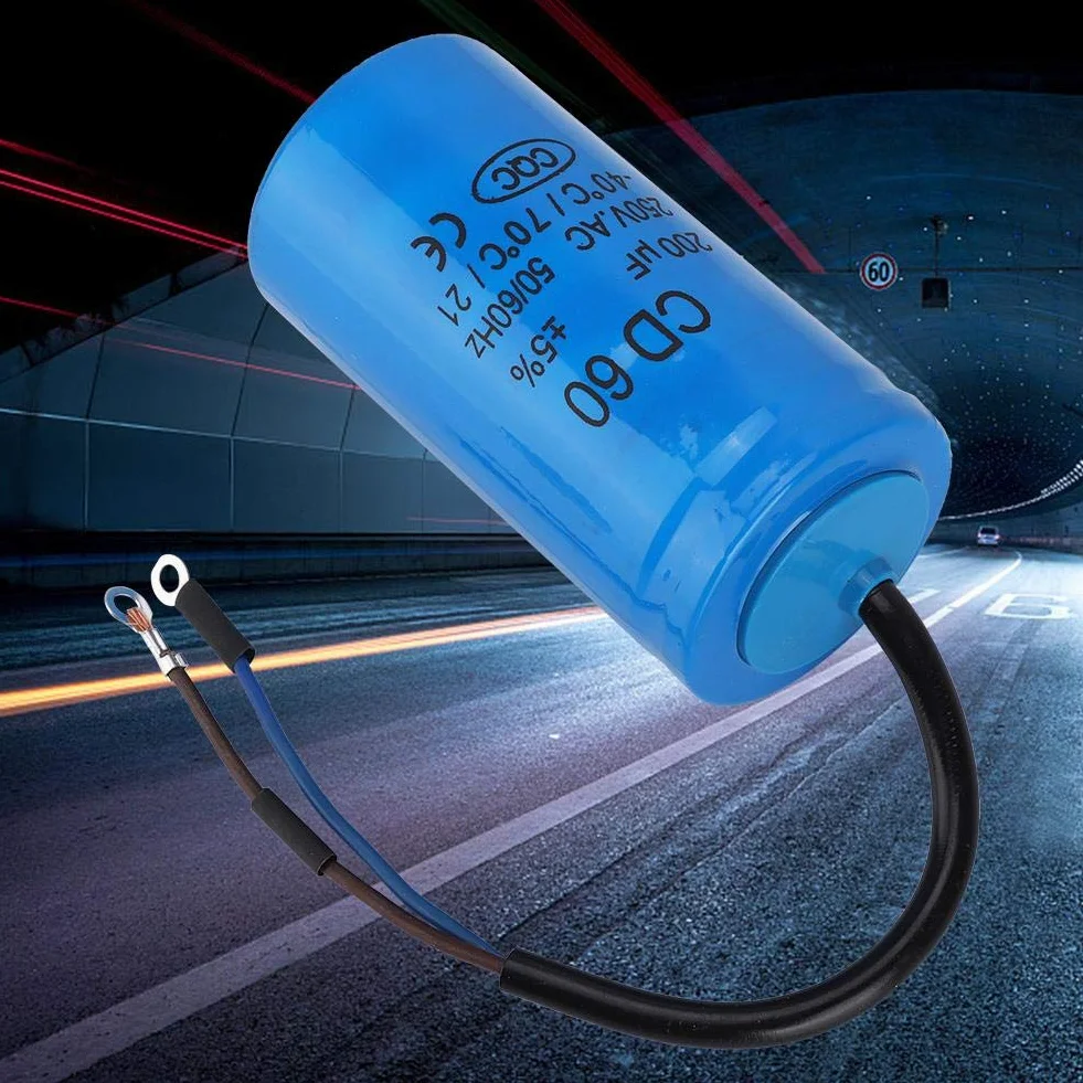 Kondensator roboczy silnika, CD60 250 V AC 200uF 50/60 Hz, mikrofaradowy kondensator z kablem do sprężarki powietrza silnikowego