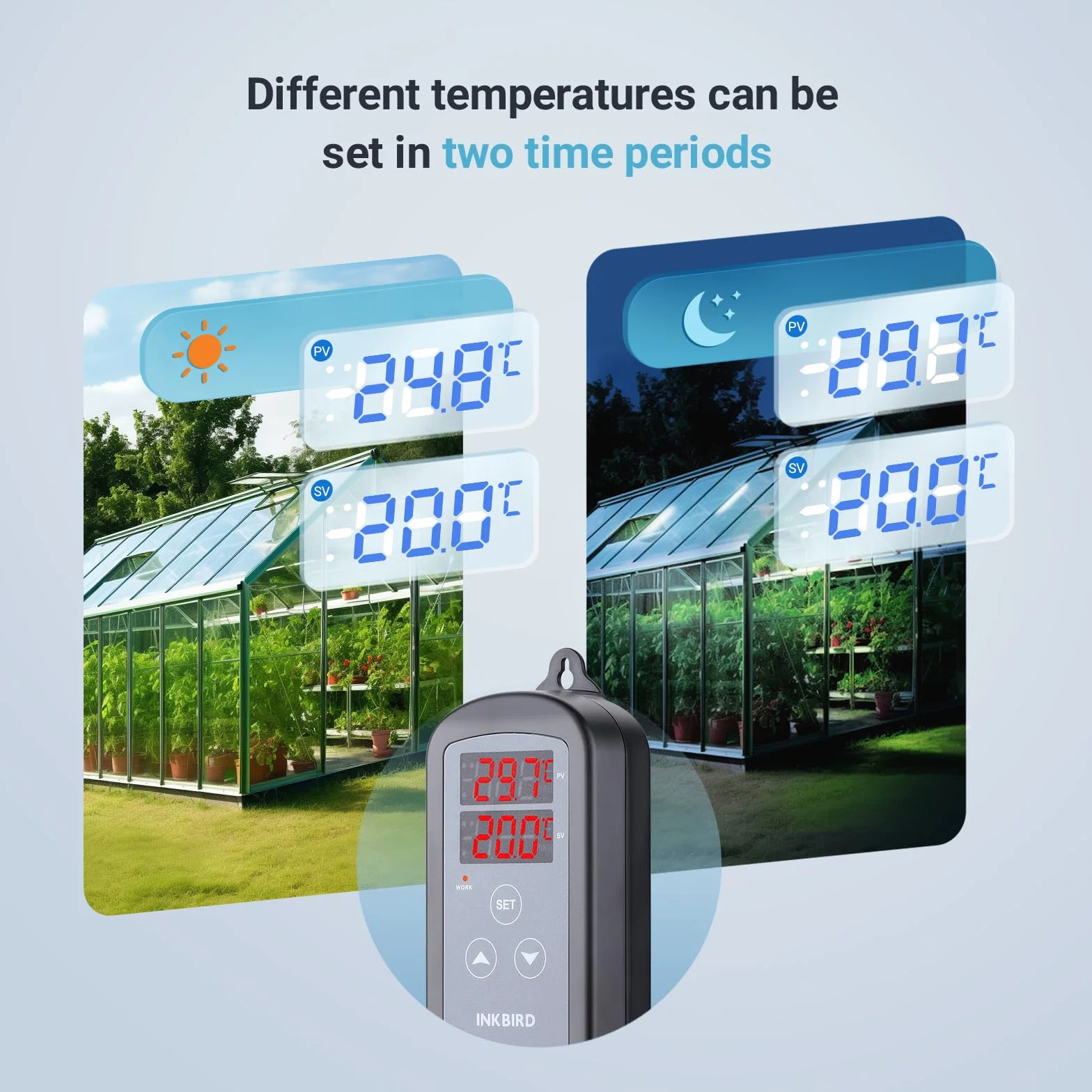 Inkbird ITC-2T termostat, cyfrowy regulator temperatury z dwoma gniazdkami grzewczymi, timer cyklu dzień/noc, funkcja alarmowa, do terrarium, szklarni, zwierząt płozonych