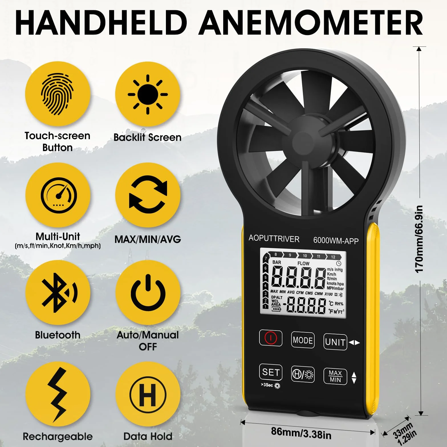 6000 WM-App ręczny miernik wiatrowy, cyfrowy anemometr CFM z temperaturą (°C/°F), 5 jednostek, pomiar prędkości wiatru, objętości powietrza i temperatury do HVAC, żeglugi