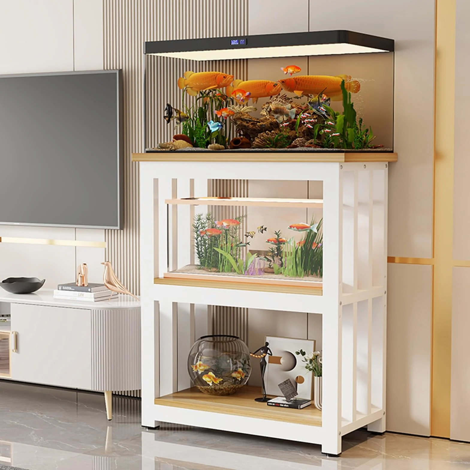 Wytrzymały stojak na akwarium, 3-poziomowy stojak na gady i akwarium z półką na rośliny, narożny, meble terrarium, do salonu i wejścia (biały, 90 x 45 cm)