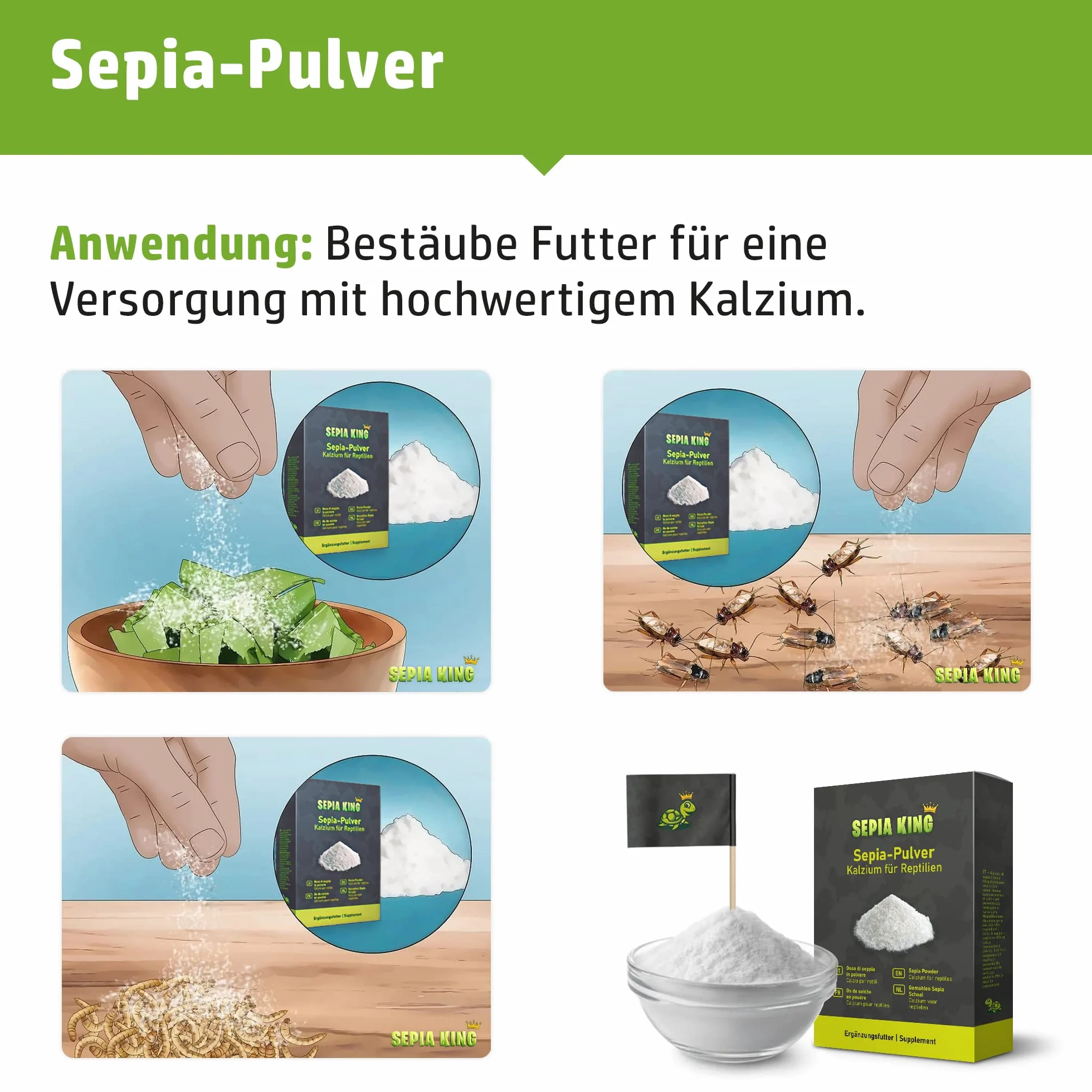 Sepia King - Sepia w proszku – wapń dla żółwi, bartagamy, gadów – mielone łupiny sepia – pokarm, owady – wapno paszowe, wapienne terrarium – 50 g