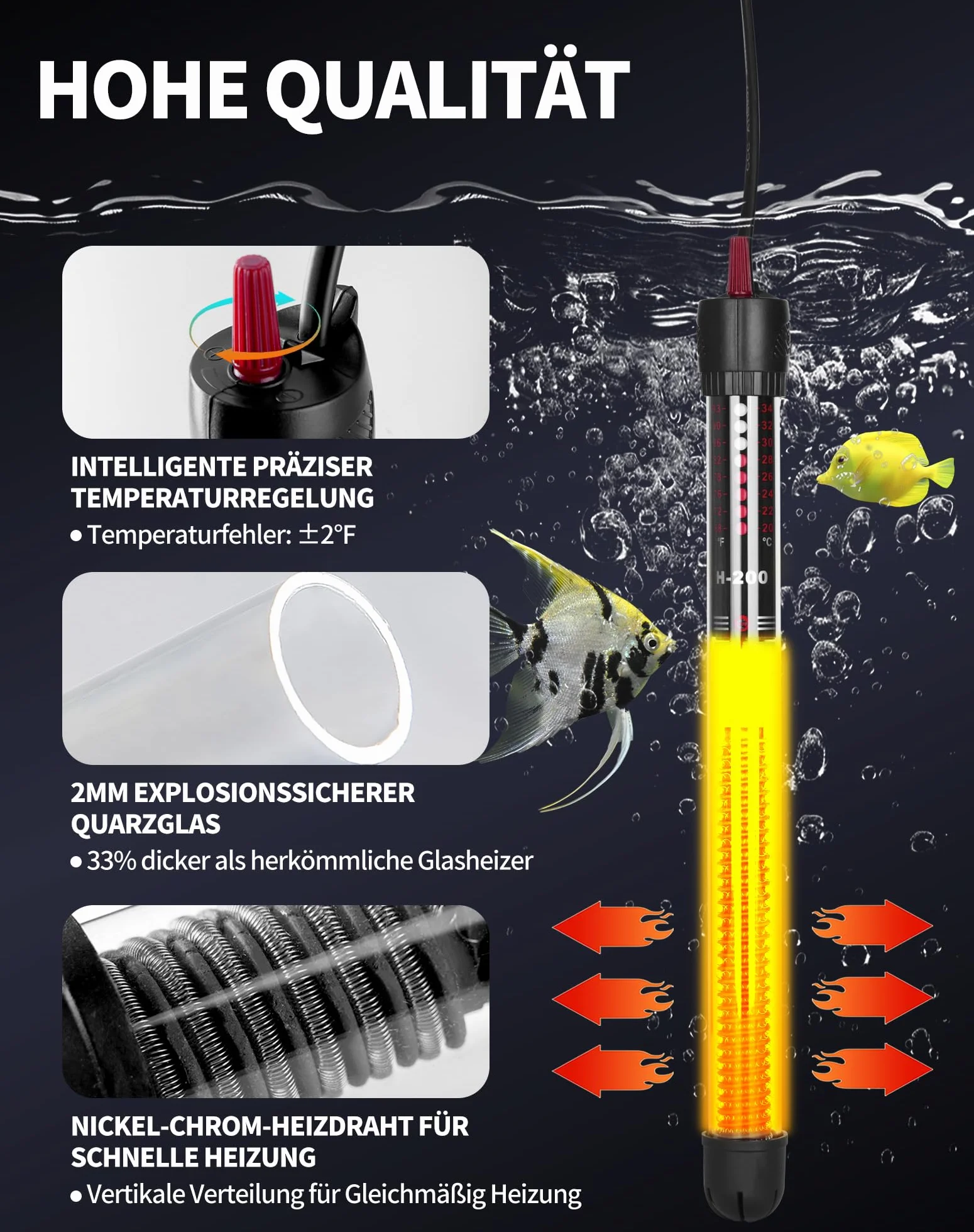 LAOYE Grzejnik do akwarium, 200 W, grzałka do akwarium, do akwariów 120-200L, temperatura regulowana, grzejnik akwariowy z lampką kontrolną, przyssawkami, osłona ochronna, grzejnik akwariowy do