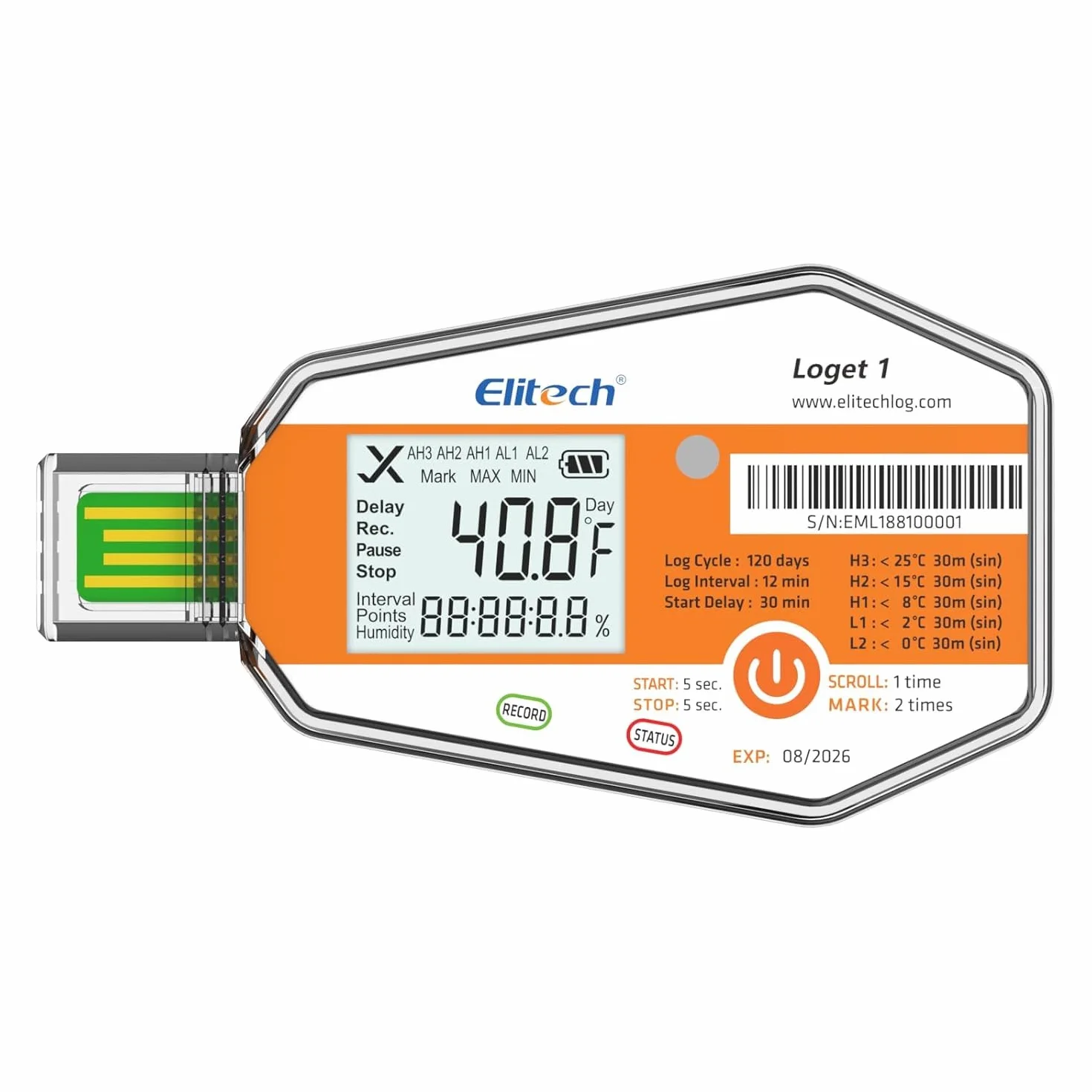 Elitech LogEt 1 rejestrator danych temperatury jednorazowego użytku raport PDF USB 16000 punktów