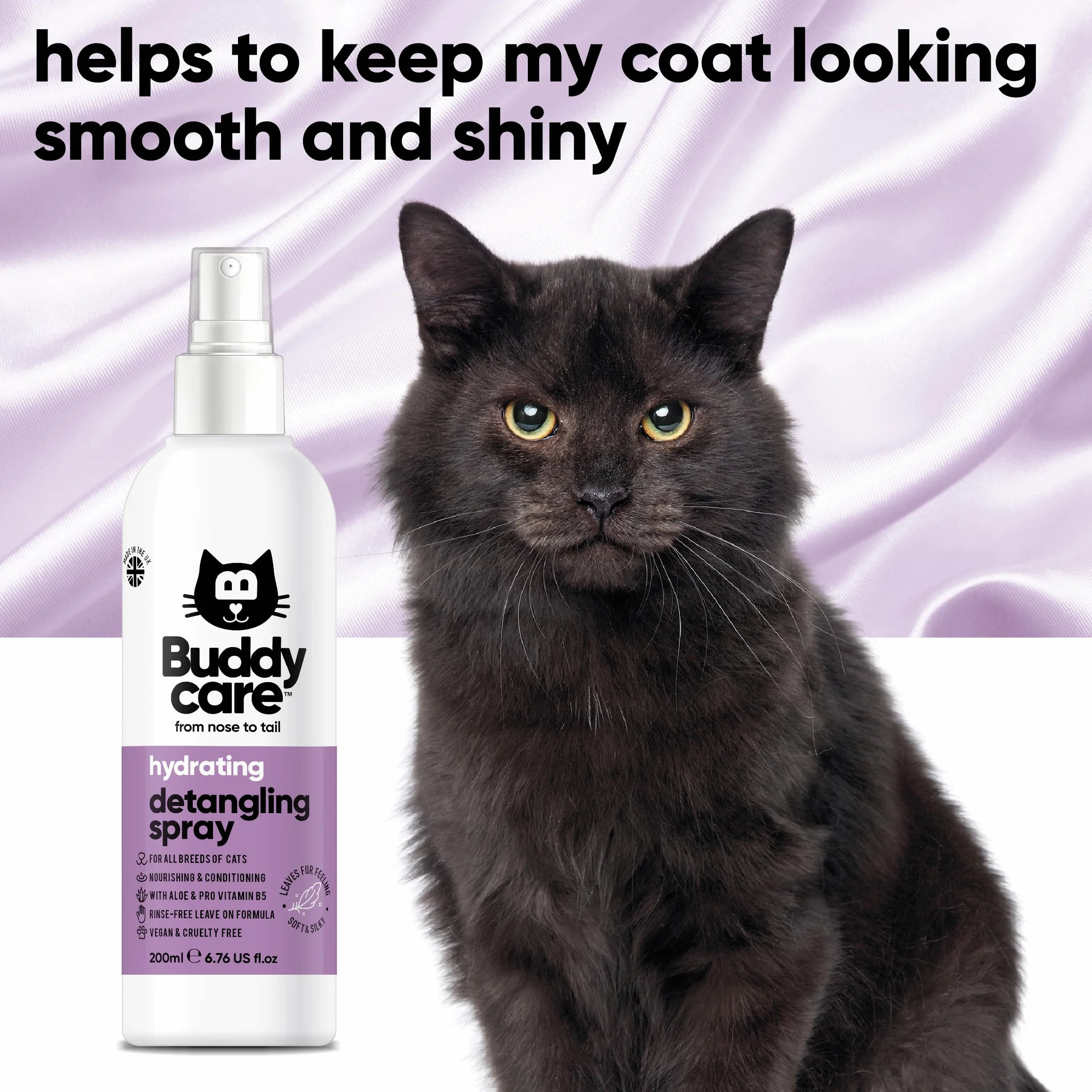 Buddycare Spray do rozczesywania kotów – skuteczny środek do usuwania sierści i rozczesywania sierści kota w celu promowania zdrowego płaszcza, łatwo usuwa matowe włosy, zapewniając gładką i
