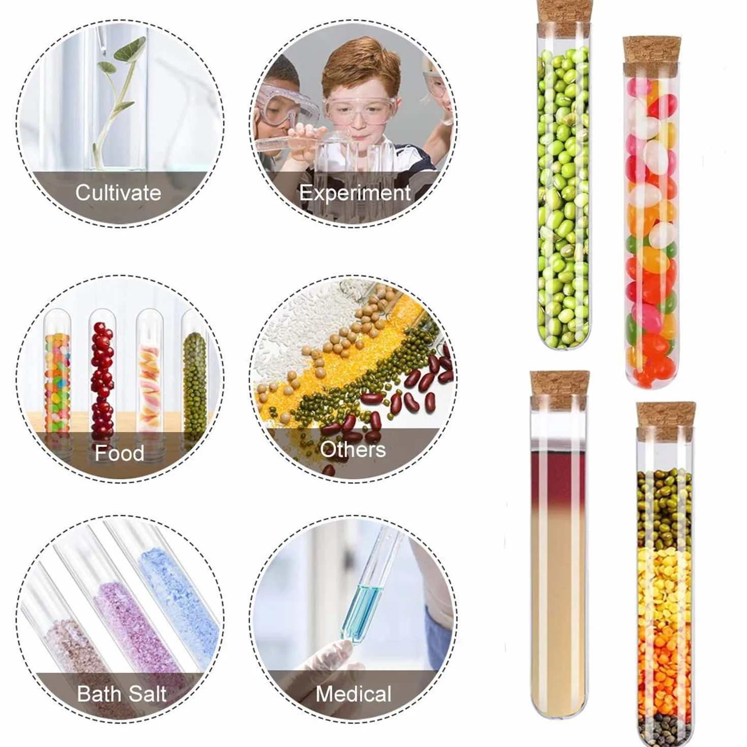 20 sztuk probówek ze szkła z korkiem, probówki szklane przezroczyste 16 x 100 mm, probówki do kwiatów, ślubów, bombonierei z solą morską, stół laboratoryjny, główna dekoracja