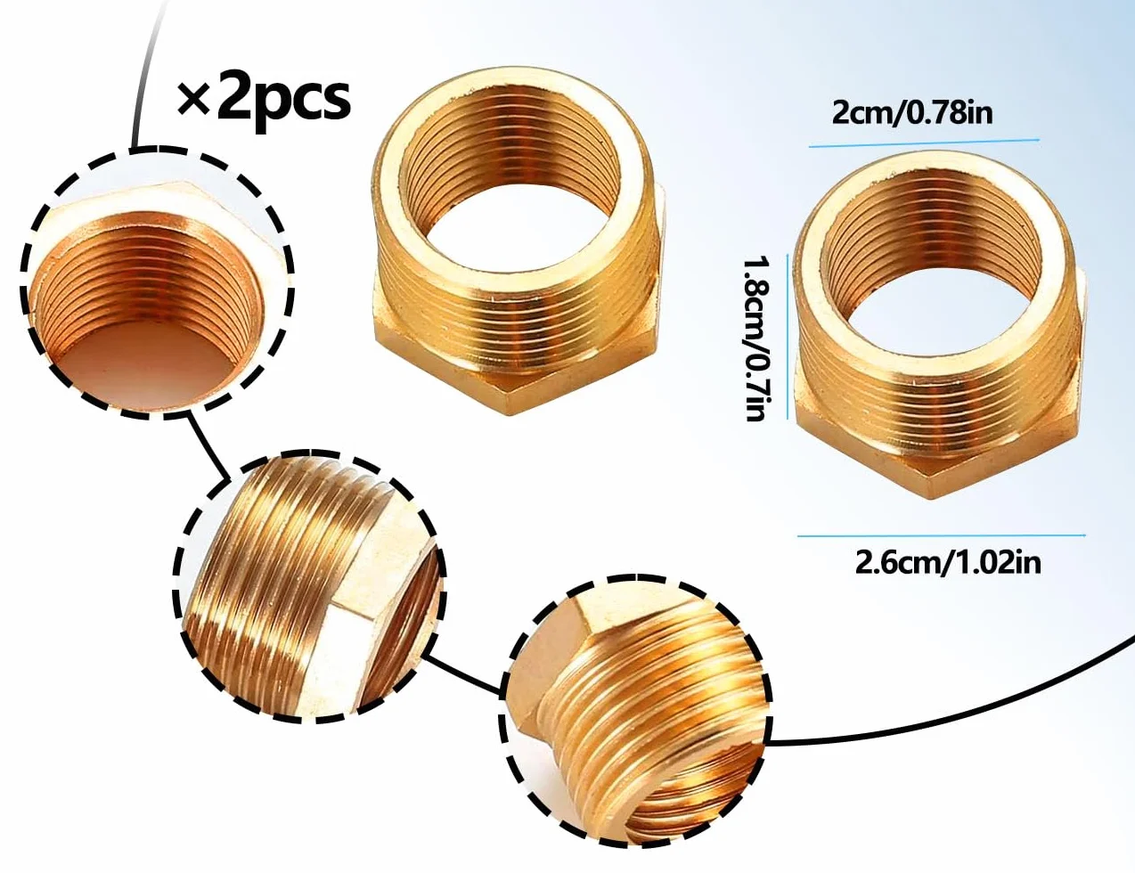 Zestaw 2 reduktorów 3/4 do 1/2, mosiężny adapter złączki redukcyjnej, gwint redukcyjny 3/4 cala × gwint wewnętrzny 1/2 cala (18 mm)