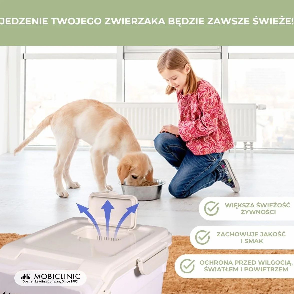 Mobiclinic®, Pojemnik na karmę, Dla zwierząt, Feedpet, Pojemność 20L / 8Kg, Hermetyczne zamknięcie, 23x25, 5x36, 5 cm, Zestaw z łopatką i miarką, Kołami, Przezroczyste okno