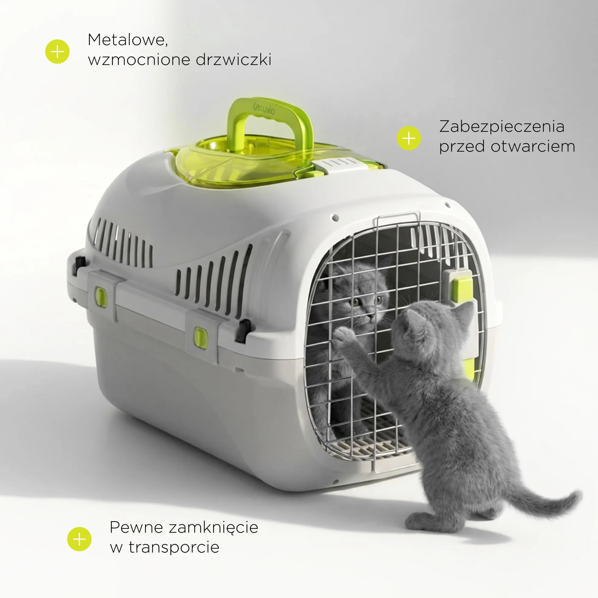 Safy Transporter dla Kota Twardy do Samochodu, Obudowa z Tworzywa PP Tłumi Wstrząsy, Metalowe Drzwiczki, Dobra Wentylacja, Otwierany Świetlik, Chowana Rączka, Miska do Zawieszenia, do 5 kg