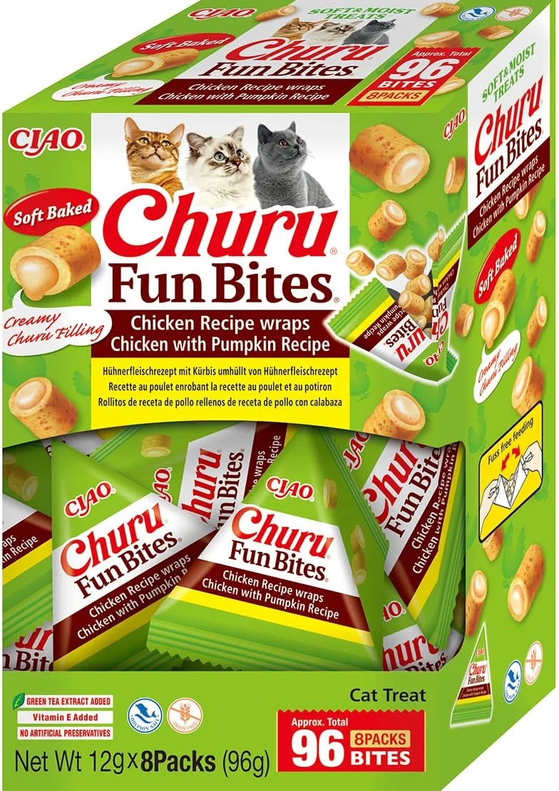 INABA Churu Fun Bites wysokiej jakości białka z 56% kurczakiem, bez zbóż, bez cukru, smakołyki dla kotów, bez produktów ubocznych pochodzenia zwierzęcego, miękkie, pyszne smakołyki dla kotów w małych