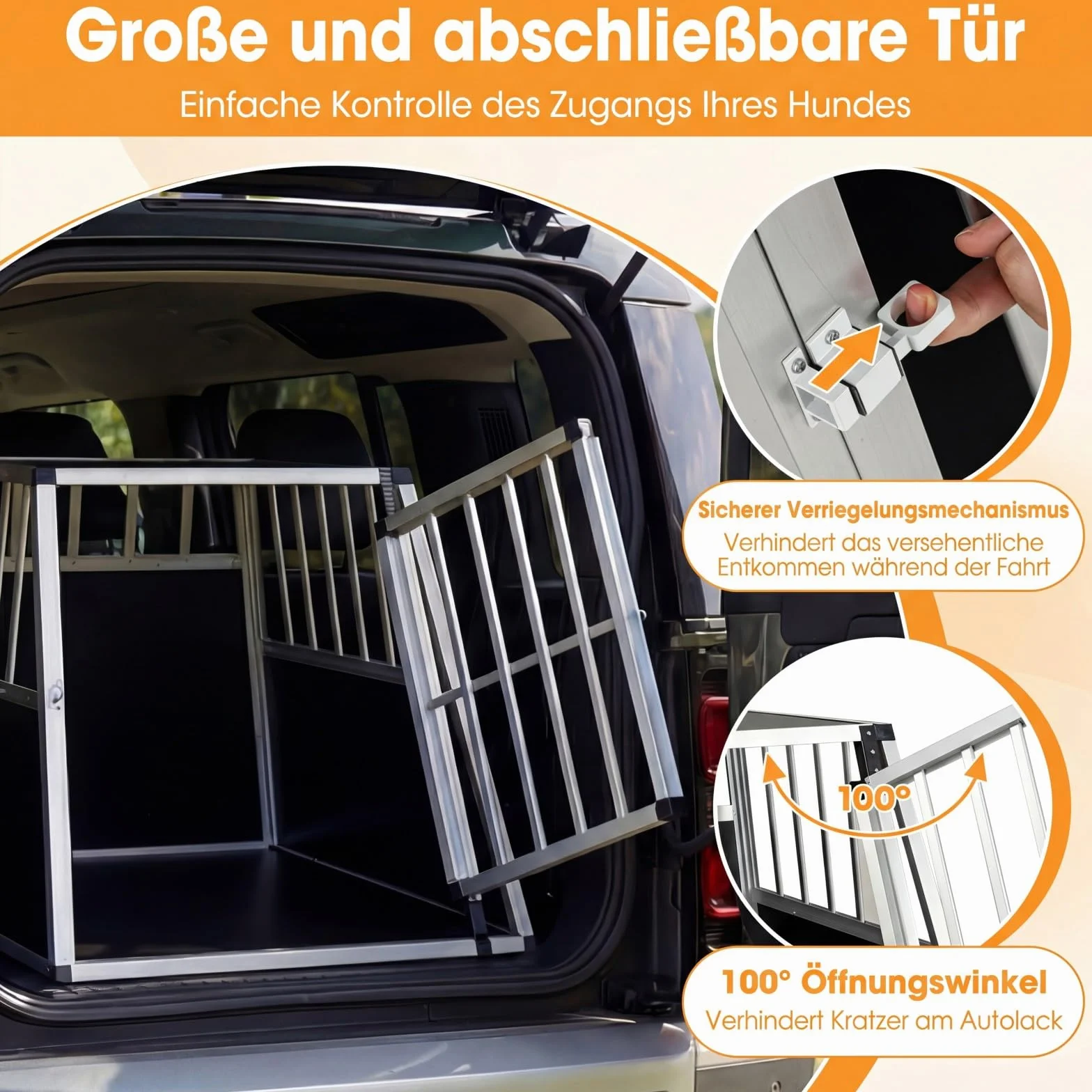 COSTWAY Aluminiowa skrzynka transportowa dla psów z zamykaną na klucz bramką, wyjmowaną ścianką działową, skrzynka podróżna, trapezowa klatka dla psów do samochodu, ciężarówki i na kemping, 89 x 69 x