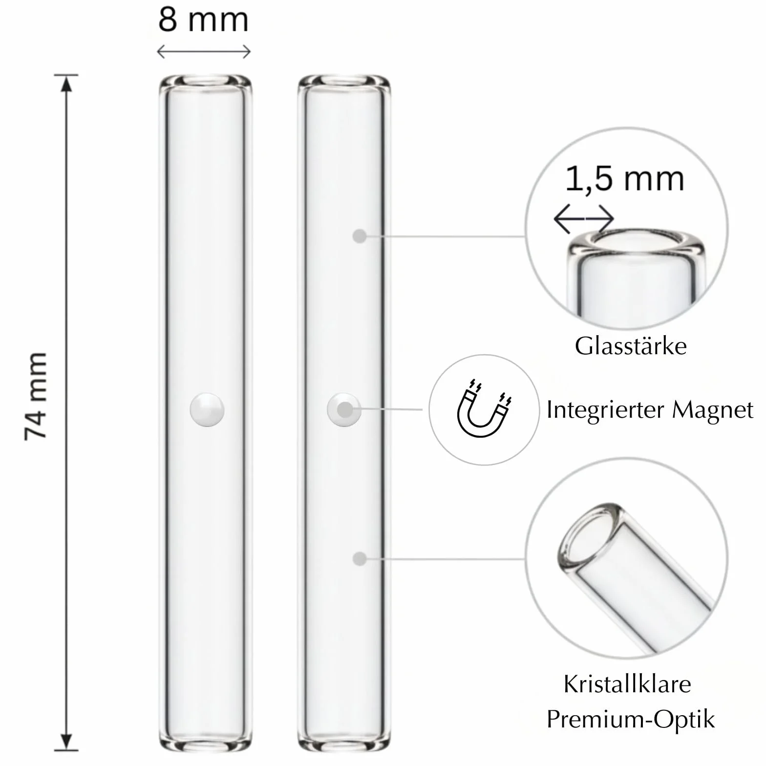 Zestaw 2 rurek (74 × 8 mm) z magnesem do "The Richman Schnupfset" higieniczne, przezroczyste i nadające się do prania szklane rurki wielokrotnego użytku, rurki do ciągnięcia