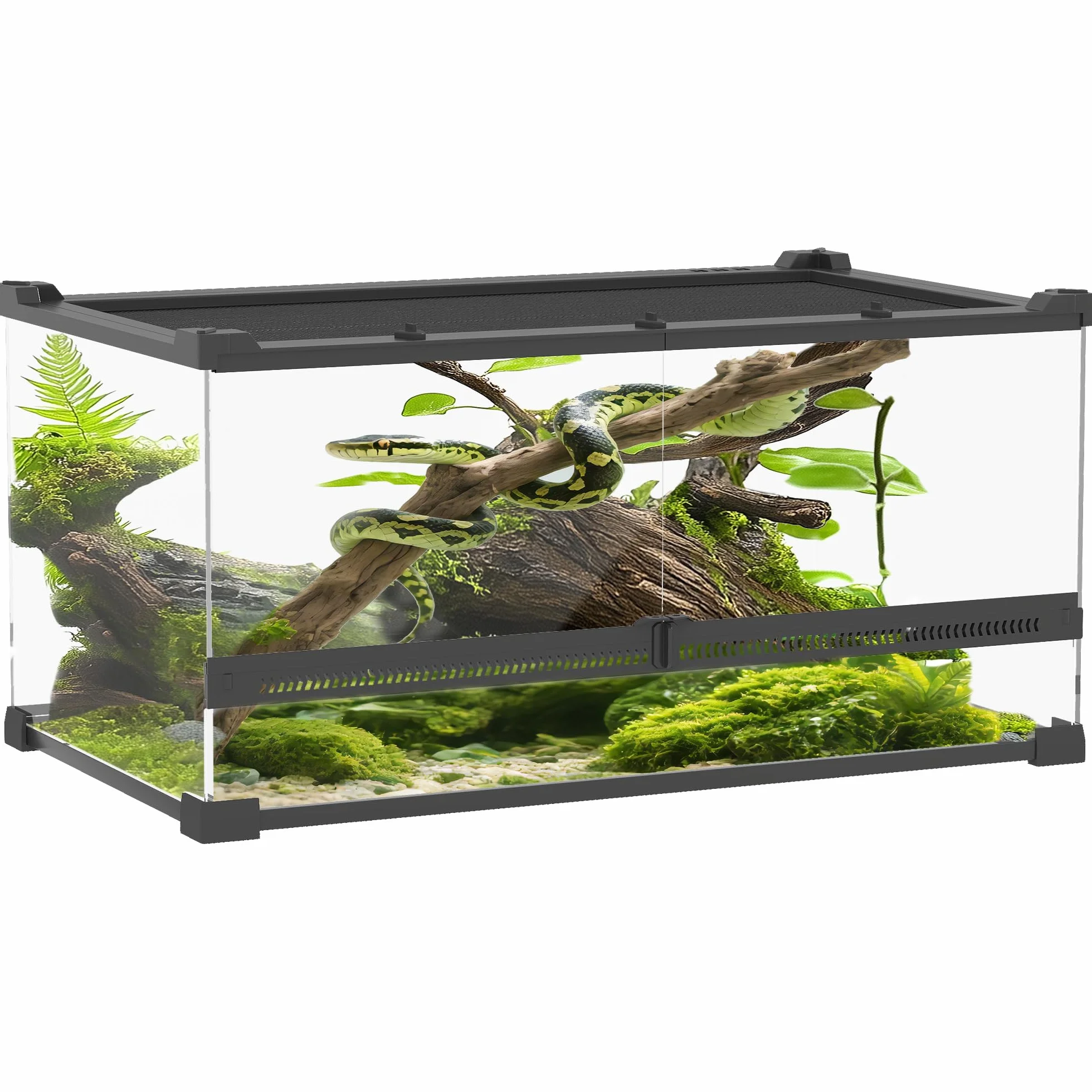 PawHut Terrarium dla gadów, szklane sterrarium 34 l, pudełko na karmienie gadów, z przednią wentylacją, odporne na wybicie zamknięcie obrotowe dla pająków, czarne, 50 x 30 x 25 cm