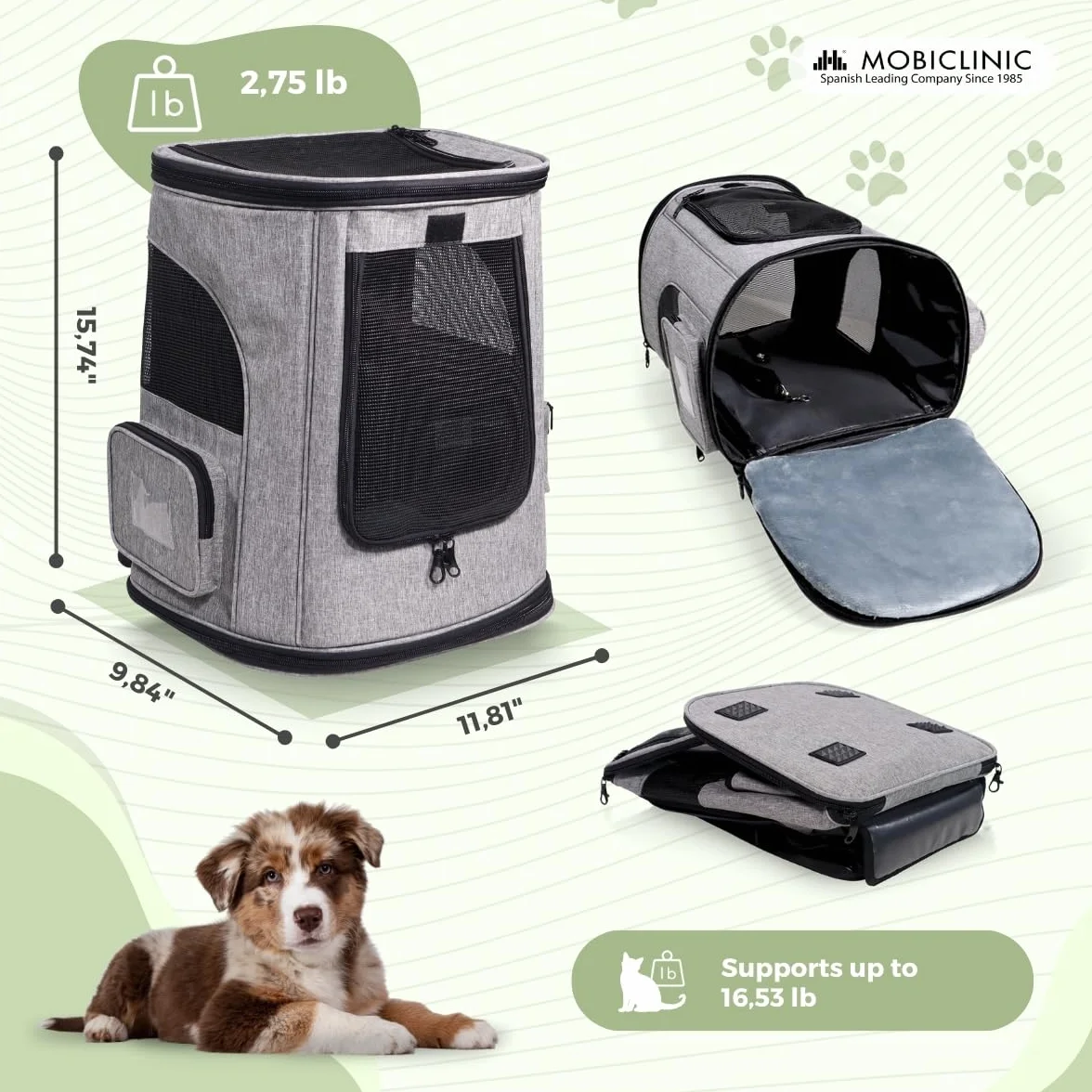 Mobiclinic® Pets, Plecak dla zwierząt. Thor, Składane, Okno Siatki, Kieszenie na akcesoria, Wiele dostępu, Podwójny uchwyt, Regulowany, 30x25x40 cm, Transport kotów i psów, zmywalny