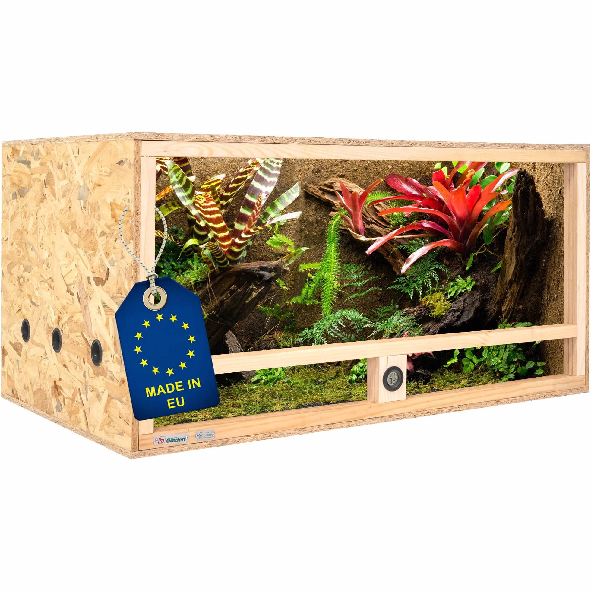 ITA Drewniane terrarium 100 x 60 x 50 cm ze zintegrowaną wentylacją i higrometrem, drewniane terrarium OSB-3, dla gadów, węży, płazów - produkt UE, certyfikat FSC