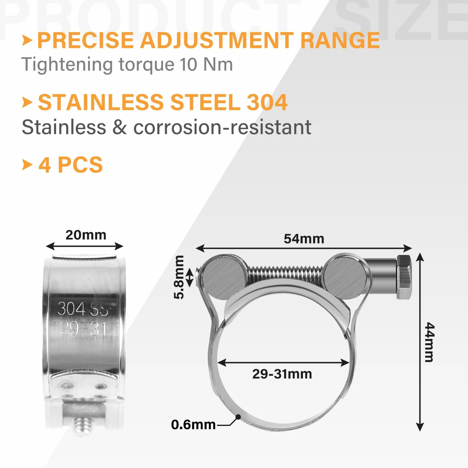 EFUTURETIME 4 szt. Opaski zaciskowe ze stali nierdzewnej 29-31 mm, szerokość 20 mm, metalowa klamra z łbem sześciokątnym do rury wydechowej motocykla, rur i rur