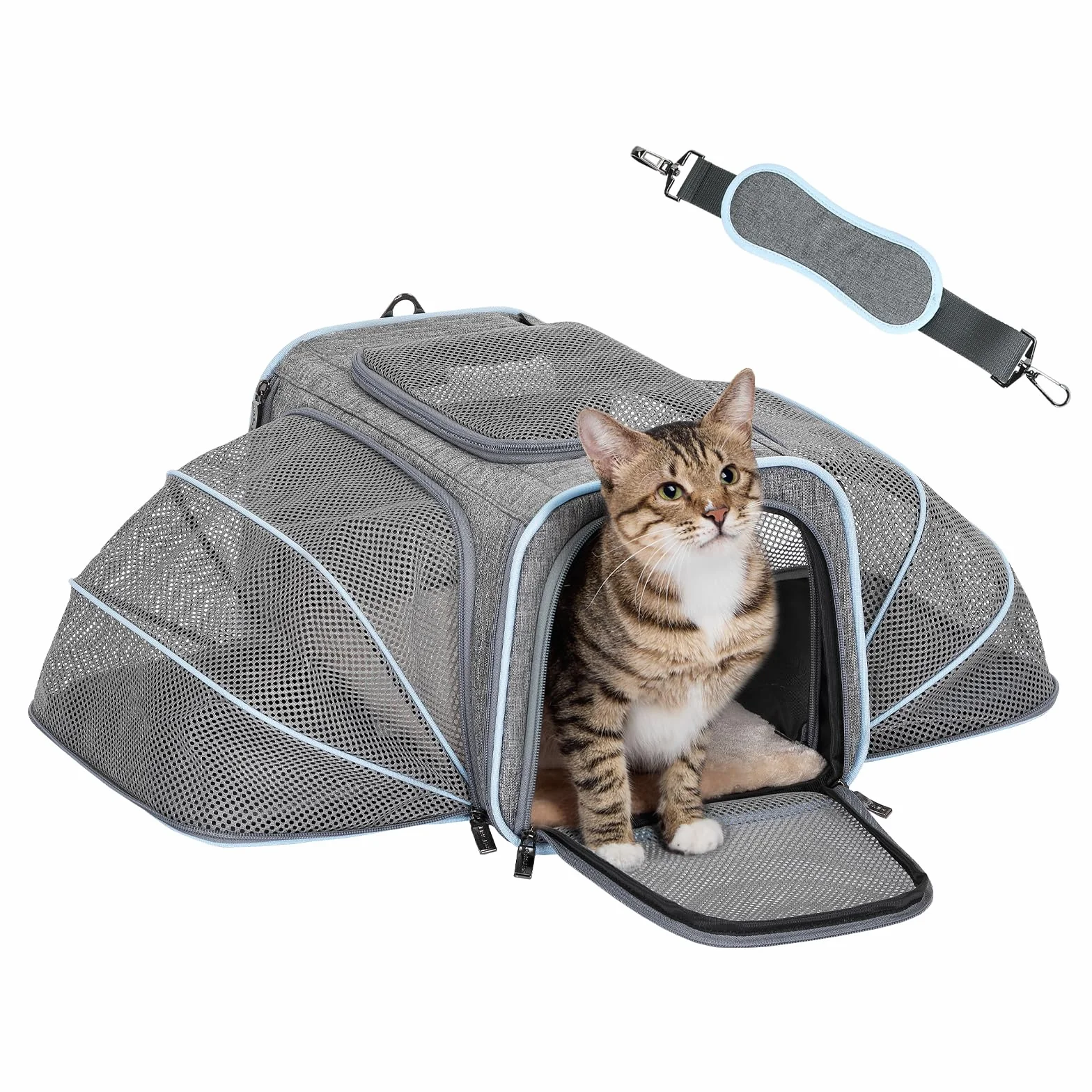 Petsfit Nosidełko dla kota zatwierdzone przez linie lotnicze, dwustronne, miękkie, składane, z matą polarową, otwarte od góry, nosidełko dla psa, szare