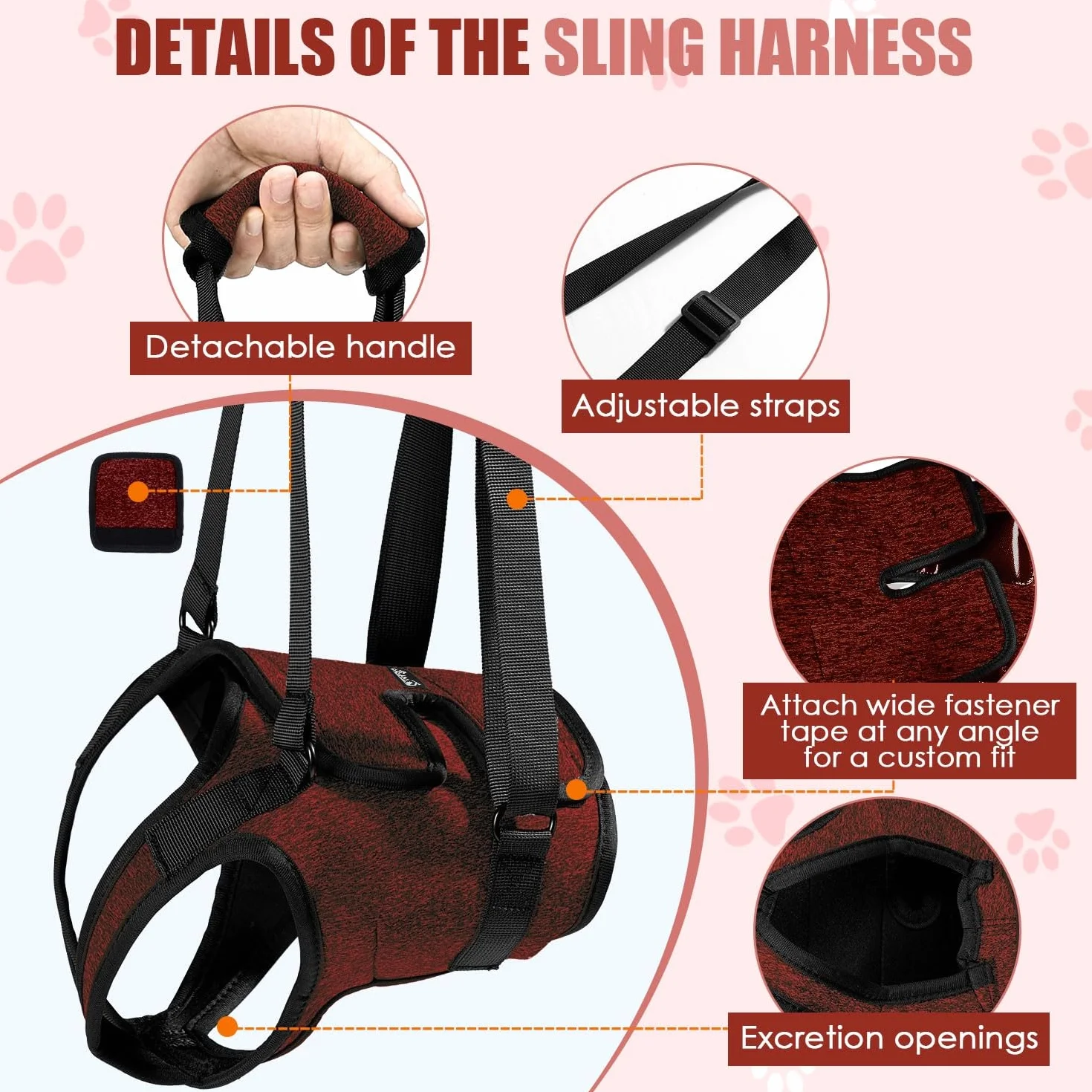 SlowTon Hind Leg Support Harness Sling dla średnich psów - wygodna regulowana uprząż do podnoszenia psa dla osób starszych z niepełnosprawnością artretyzmu (czerwona, XL)
