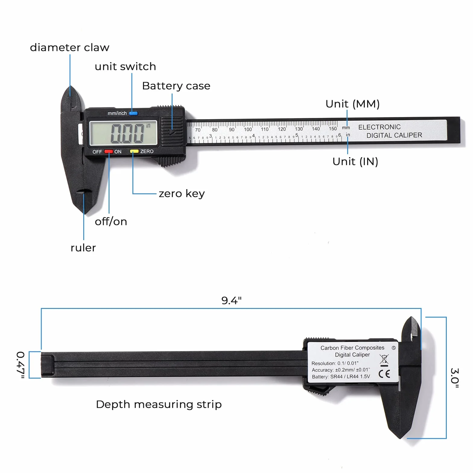 Vinabo Cyfrowa suwmiarka 150 mm/6" z dużym wyświetlaczem LCD