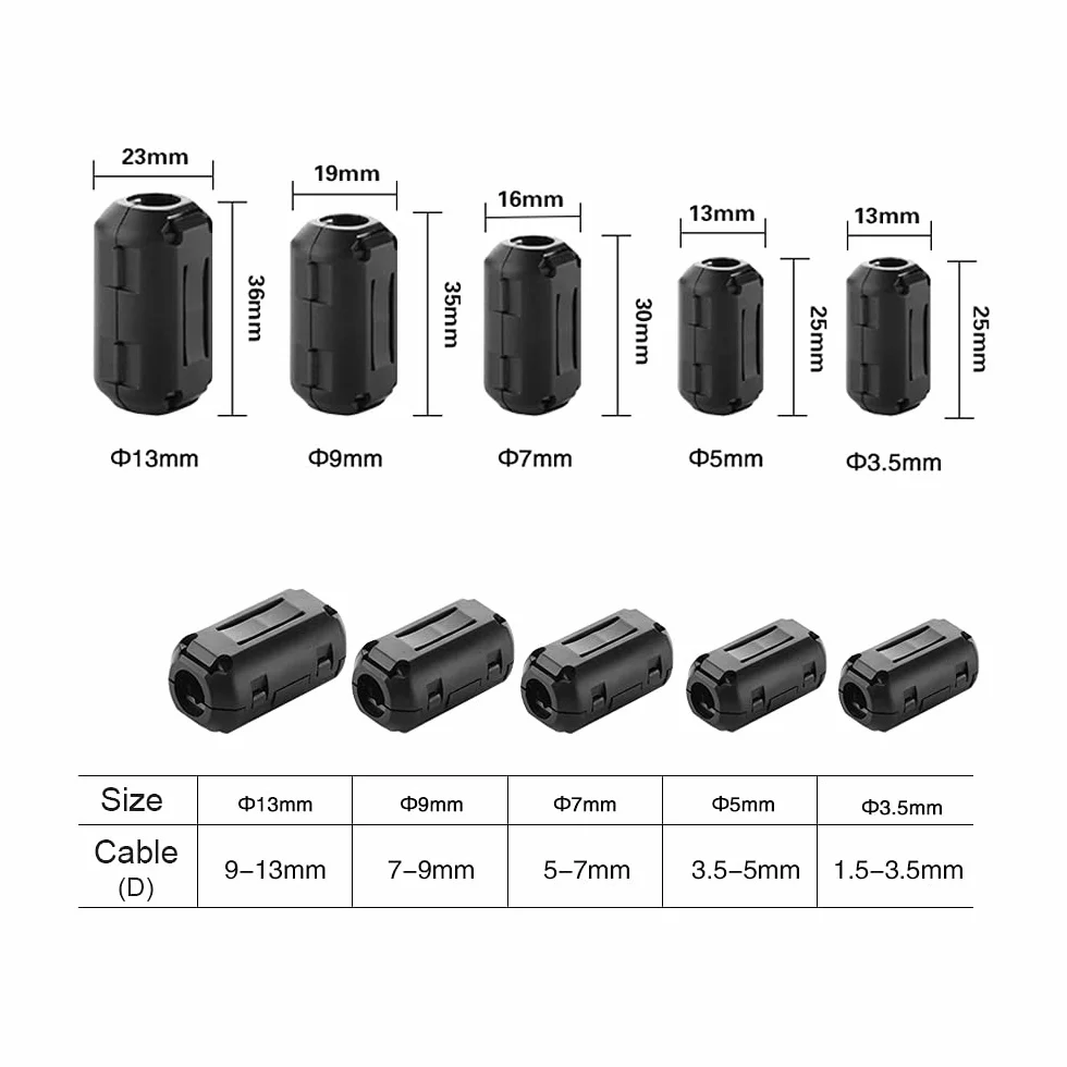 20 sztuk czarnych klipsowych rdzeni z ferrytu, klips do kabla tłumiący hałas RFI EMI, antyinterferencyjny filtr wysokich częstotliwości, do kabla danych USB i głośnika (5 mm średnica