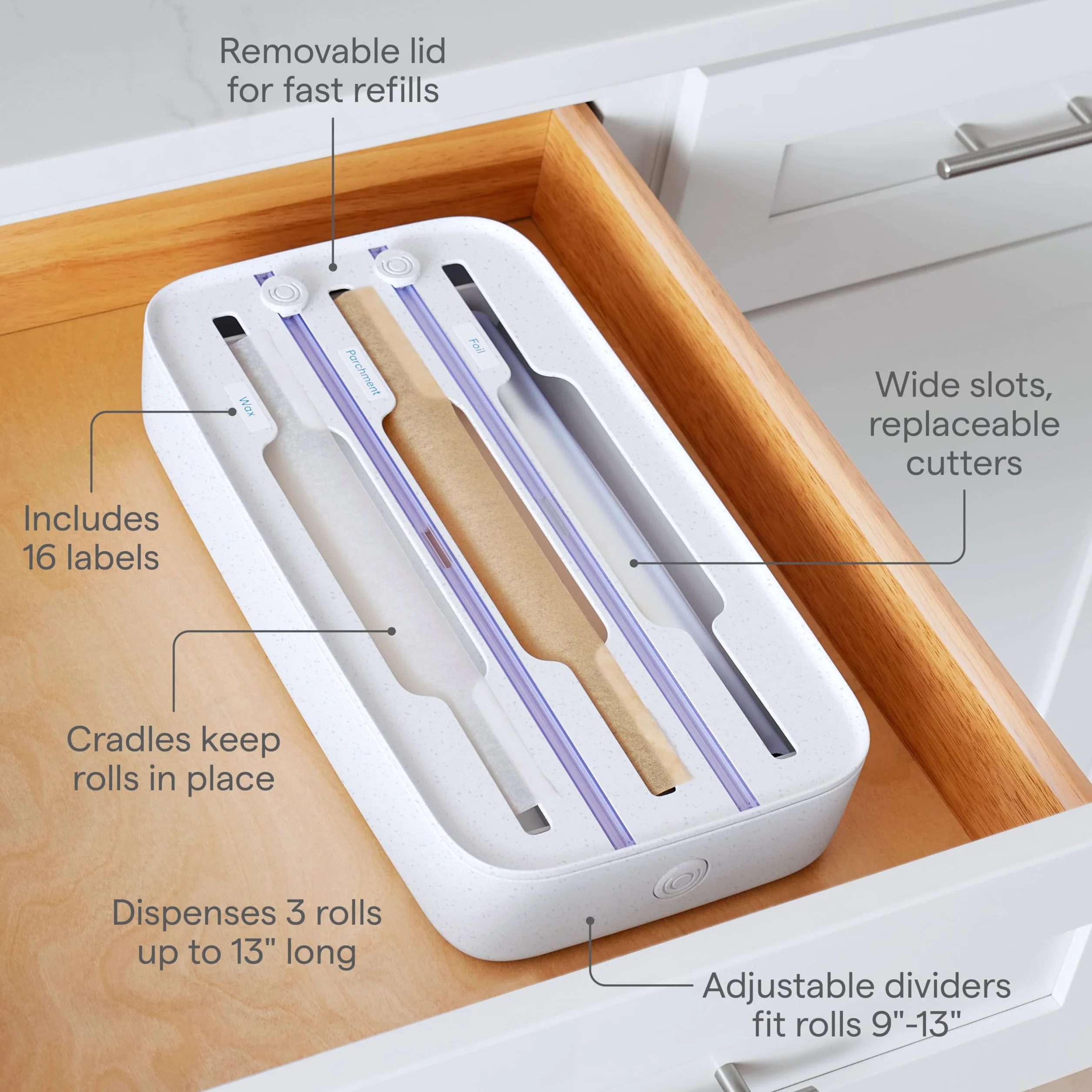 YouCopia StoraRoll Wrap Dispenser, 3-in-1, Drawer Organizer for Foil, Plastic Wrap, Parchment and Wax Paper with Safety Cutters and Labels for Kitchen Organization