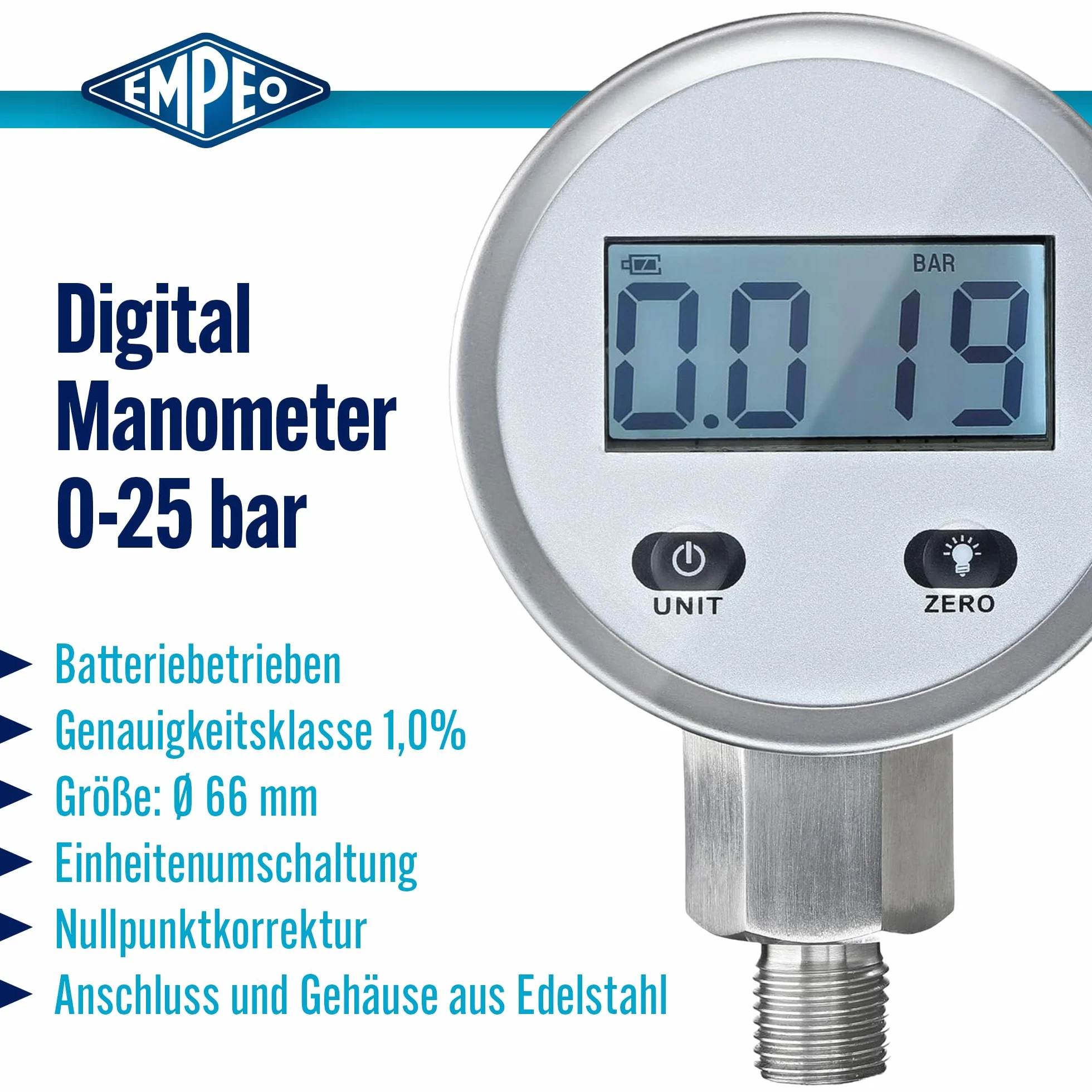 by Messbo cyfrowy manometr Digi-10, 0-25 bar, dokładność 1%, tester ciśnienia z wyświetlaczem LCD, standard G1/4