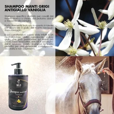 Wild Horses Szampon koni Manti szary z olejkami eterycznymi, w przypadku matowego płaszcza, kolor waniliowy, 500 ml, wyprodukowany we Włoszech