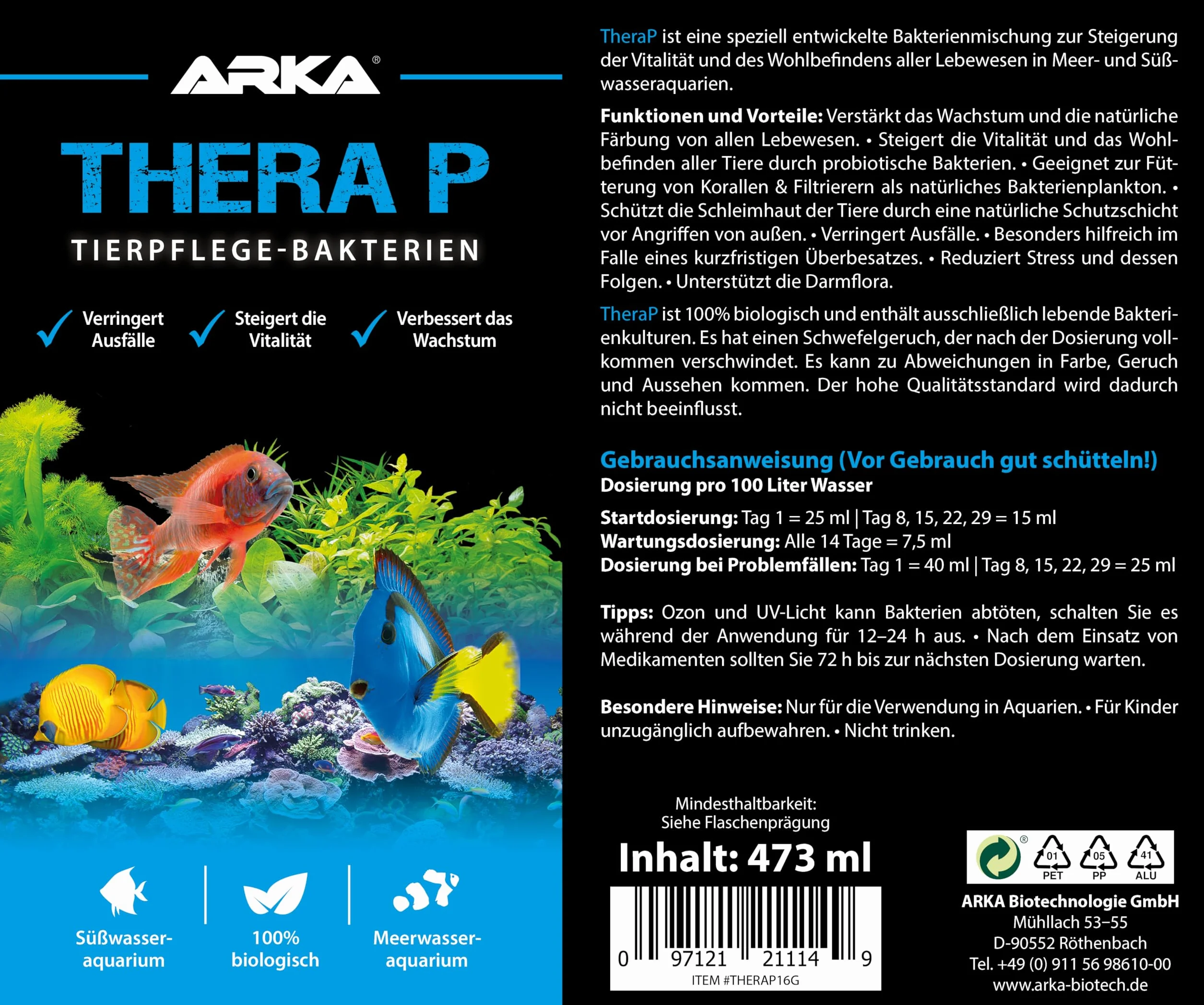MICROBE-LIFT TheraP – pielęgnacja ryb, bakterie oczyszczające, zapobiega chorobom, wspomaga wzrost zwierząt, wodę słodką i morską, 473 ml