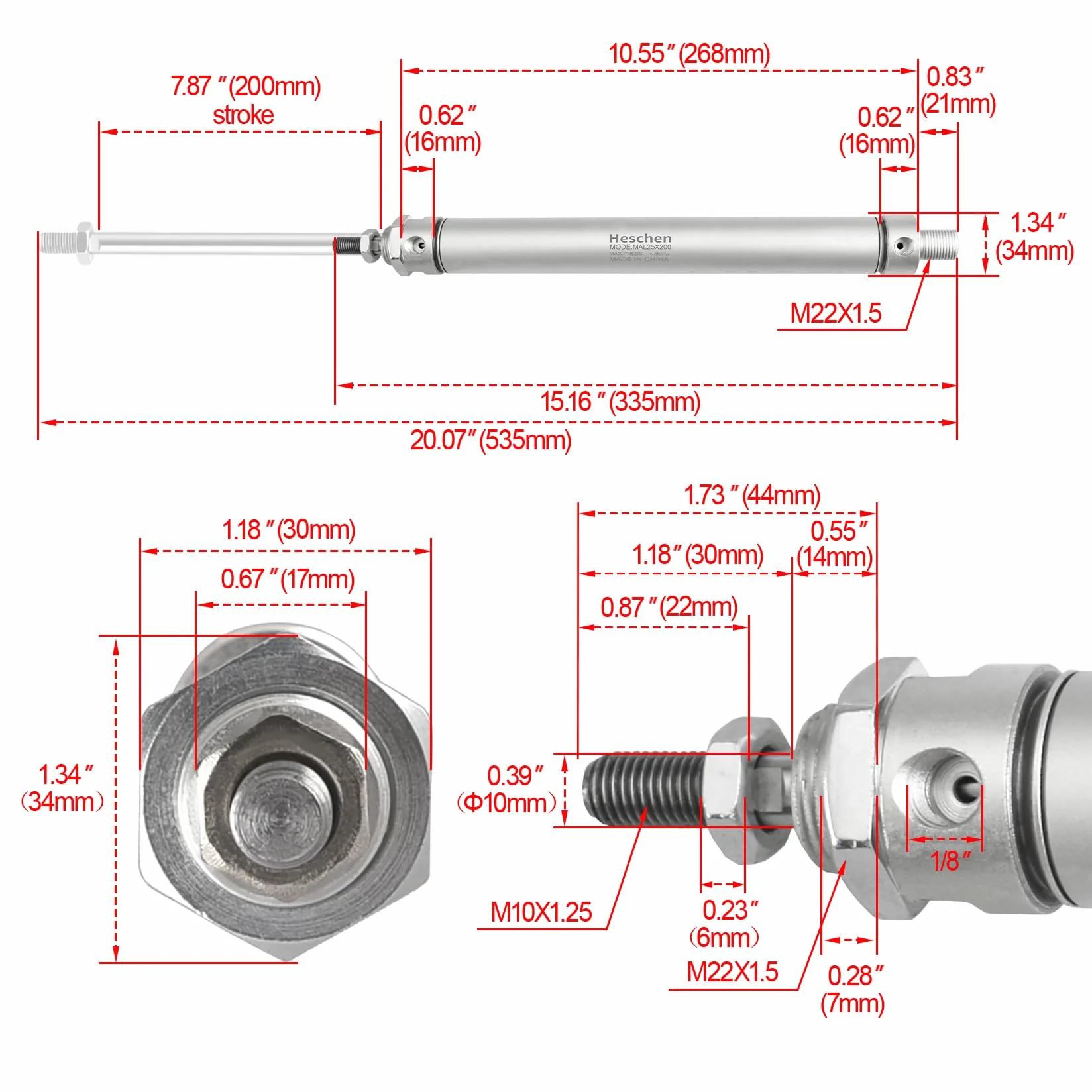 Heschen Cylinder pneumatyczny wąski MAL 25-200 PT1/8 25 mm otwór 100 mm skok dwustronnego działania