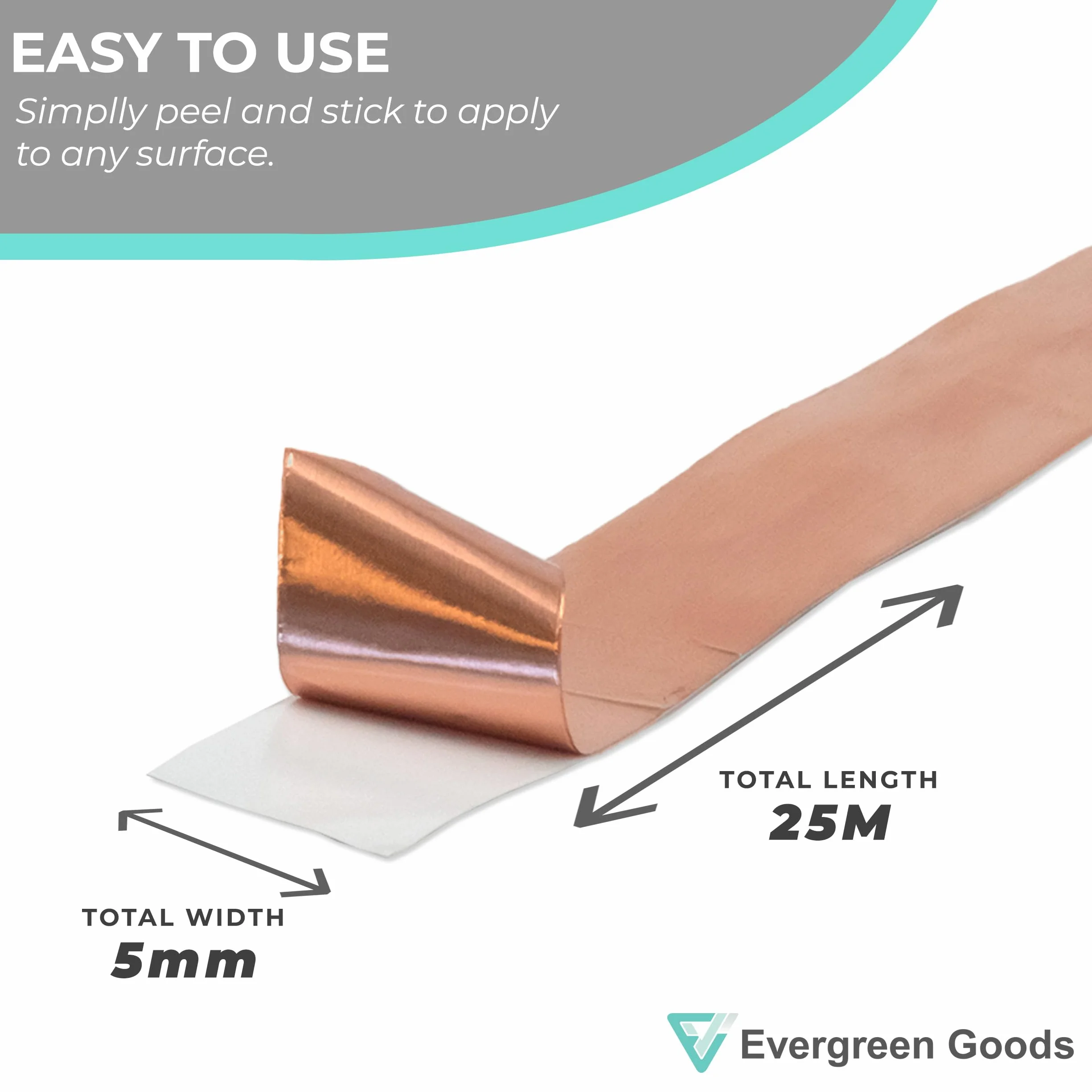 Evergreen Goods taśma miedziana (5 mm x 25 m), 5 rozmiarów - przewodzący klej do obwodów, ekranowania EMI, napraw gitarowych i elektrycznych, uziemienia, 1 rolka