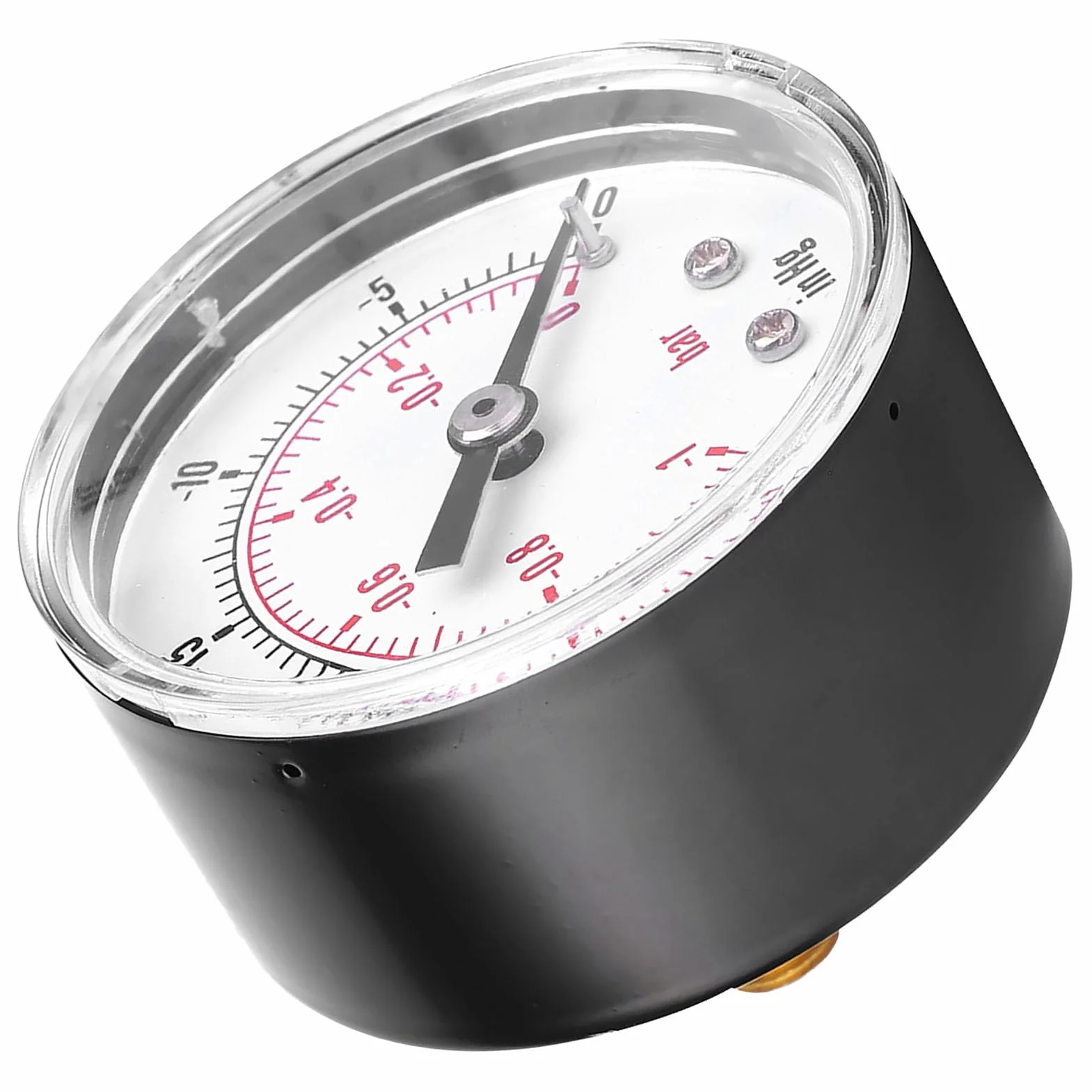 Próżniomierz z Dwoma Skalami 50 mm, Czujnik Zegarowy z Tylnym Przyłączem BSPT 1/8", Zakres -30-0 inHg 0-1 Bar, do Pomiaru Powietrza, Wody, Oleju i Gazu