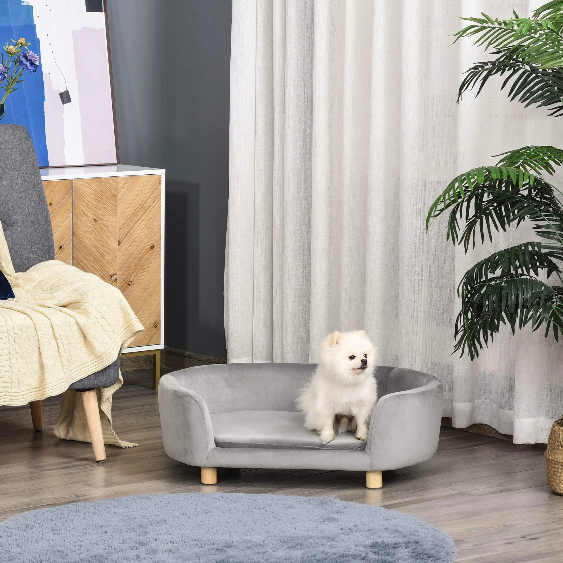 PawHut Sofa dla zwierząt domowych Sofa dla psa Legowisko dla psa holenderski aksamit pianka nogi brzozowe dla kotów psów 86 x 55 x 33 cm jasnoszary
