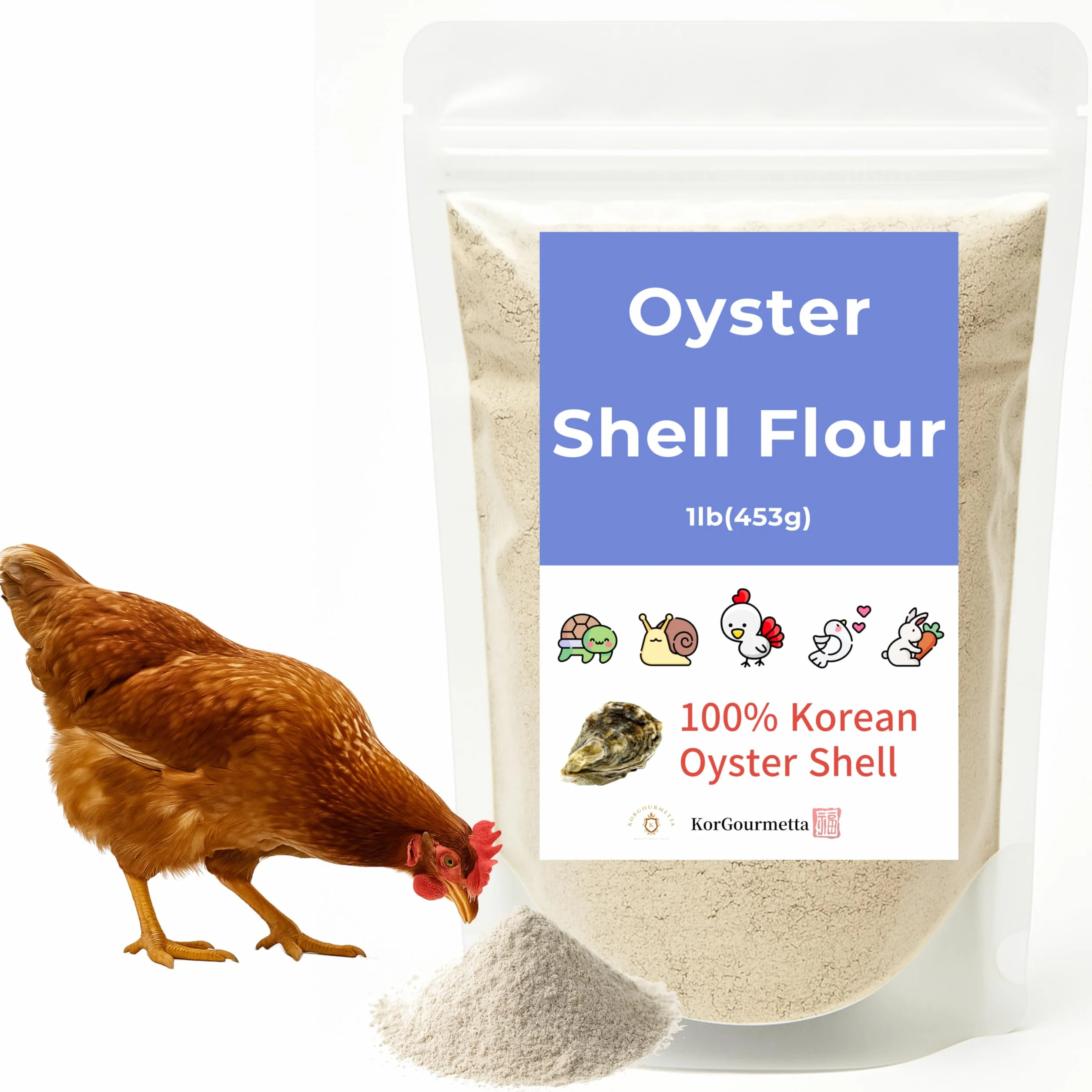Mąka z muszli ostryg (0,5 kg): drobno zmielony wapń dla kurczaków, kaczek, drobiu, gadów, płazów i innych produktów alternatywnych dla kruszonych skorup ostryg.