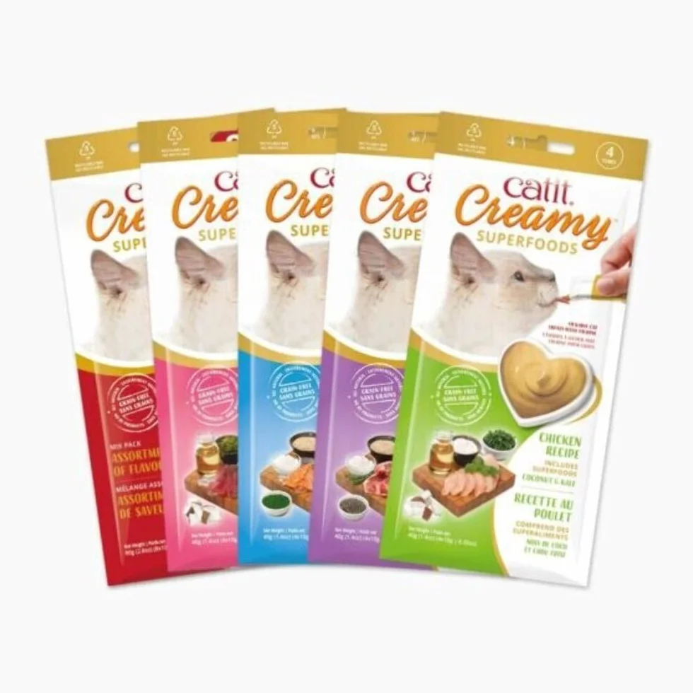 Creamy Superfood pasta do lizania dla kotów w opakowaniu zbiorczym (2 x kurczak, 2 x jagnięcina, 2 x łosoś, 2 x tuńczyk)