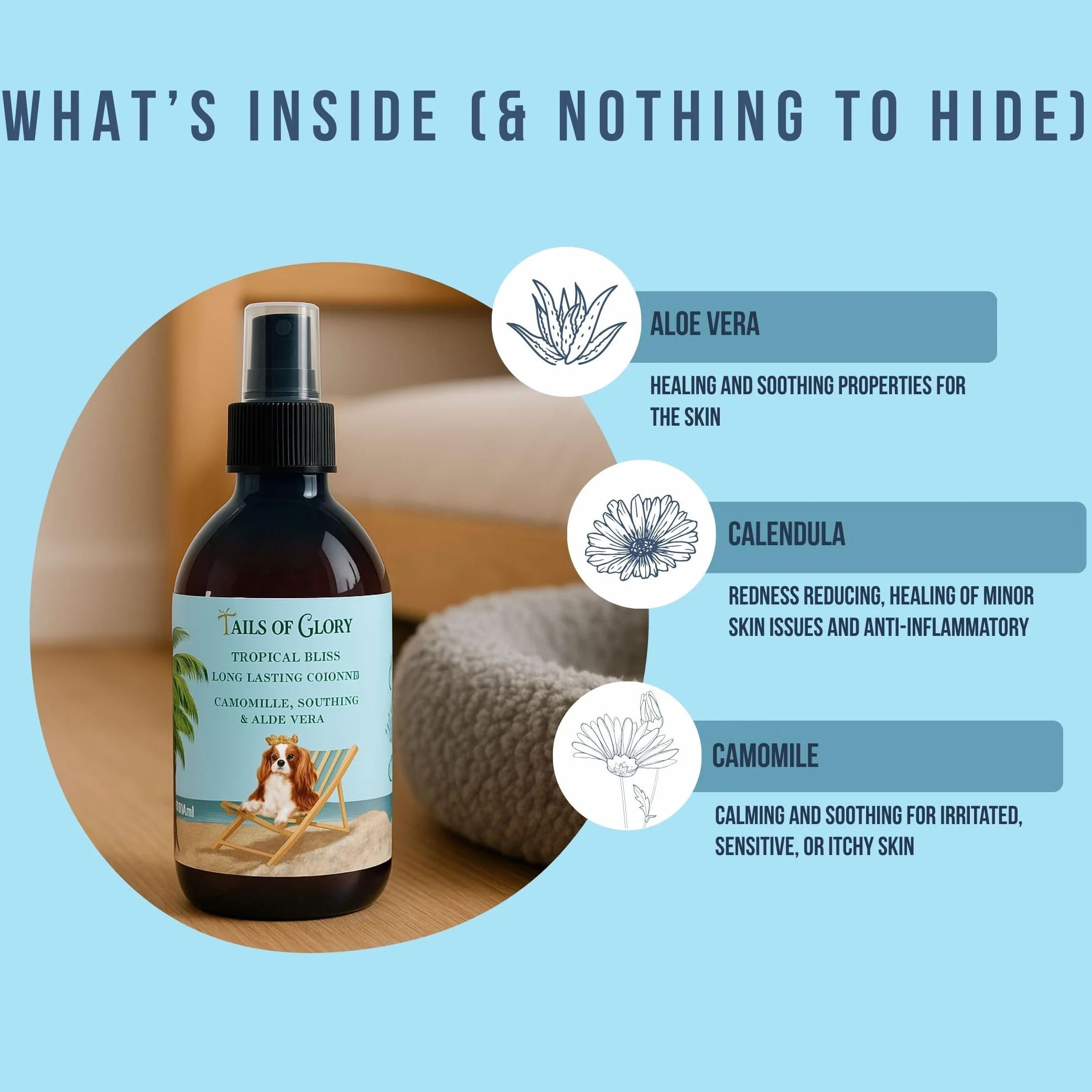 100% naturalne perfumy dla psów – Tropical Bliss spray zapachowy z olejem kokosowym dla psa – uspokajające, wegańskie – rumianek, nagietek, aloes – dezodorujący – wyprodukowano w