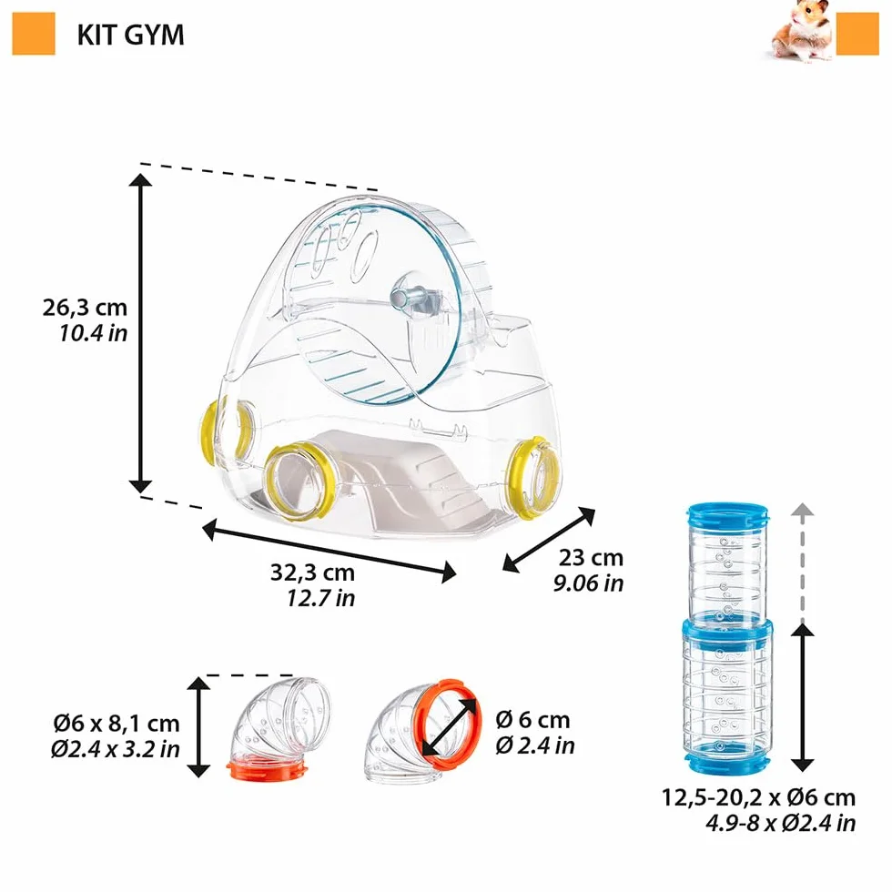 Ferplast Zestaw rurek dla chomika, akcesoria do klatki dla chomików, łącznie 4 części, łącznie z siłownią z kołem chomika, tunel chomika z otworami wentylacyjnymi i akcesoriami, zestaw do ćwiczeń,