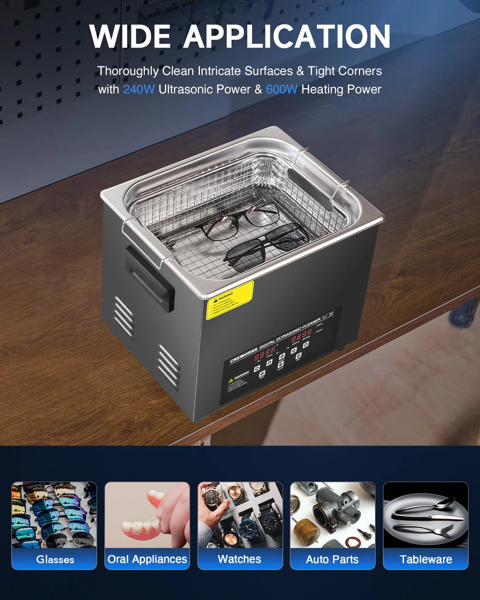 CREWORKS 10L Cyfrowa myjka ultradźwiękowa z trybem degazacji i łagodności, 240W Profesjonalna ultradźwiękowa maszyna czyszcząca z grzałką i timerem, do biżuterii, części samochodowych więcej