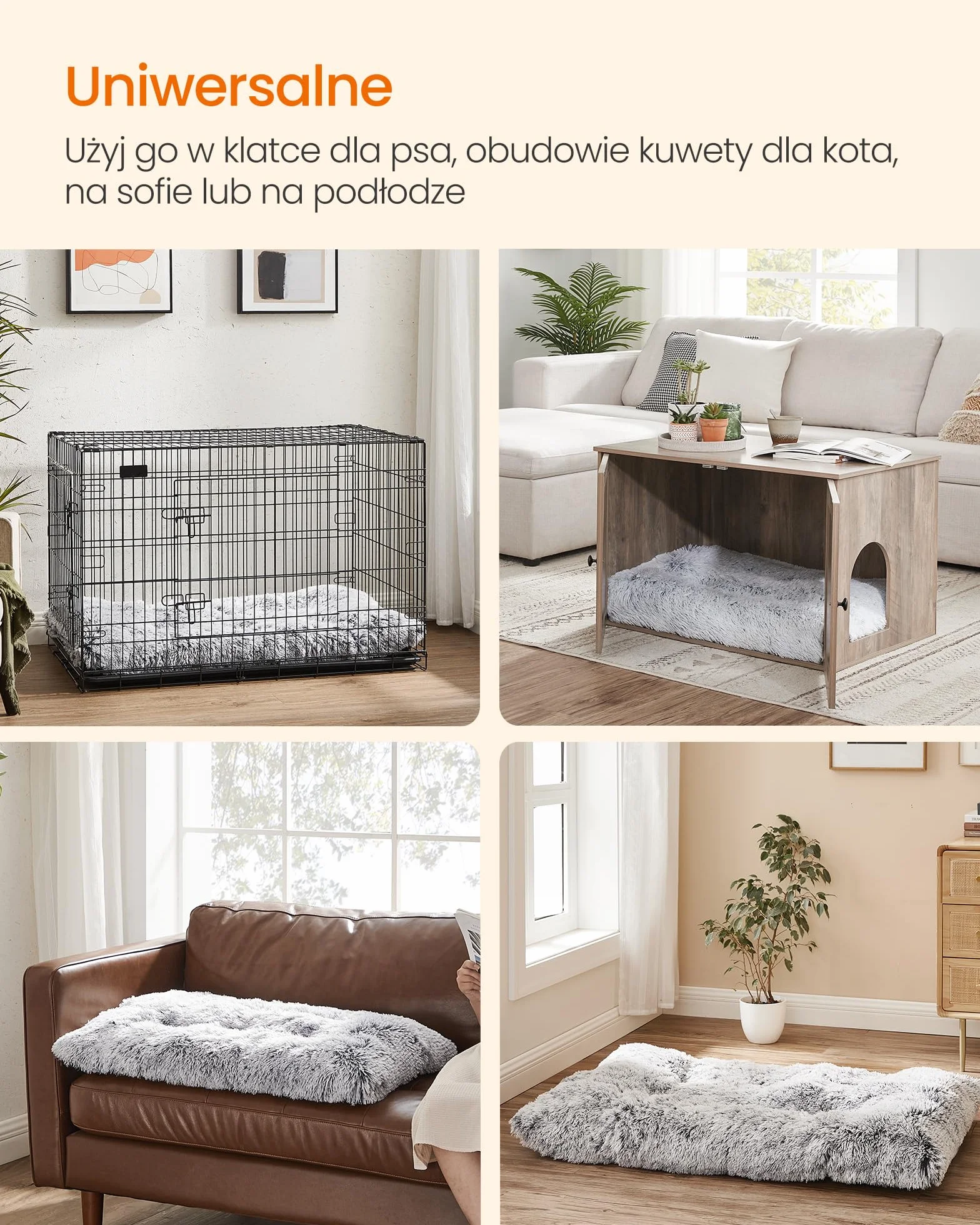 FEANDREA Legowisko dla psa, poduszka dla psa, długi plusz, 80 x 50 cm, miękka wyściółka, można prać w pralce, wielofunkcyjny, przenośny, jasnoszary PGW201G01