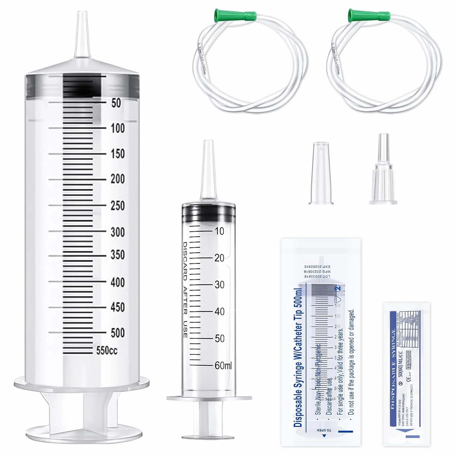 Strzykawka z wężem, 1 duża strzykawka 550 ml + 1 strzykawka 60 ml, plastikowa strzykawka z nasadką, duża pojemność, do wielokrotnego użytku, pojedynczo uszczelnione strzykawki do laboratorium