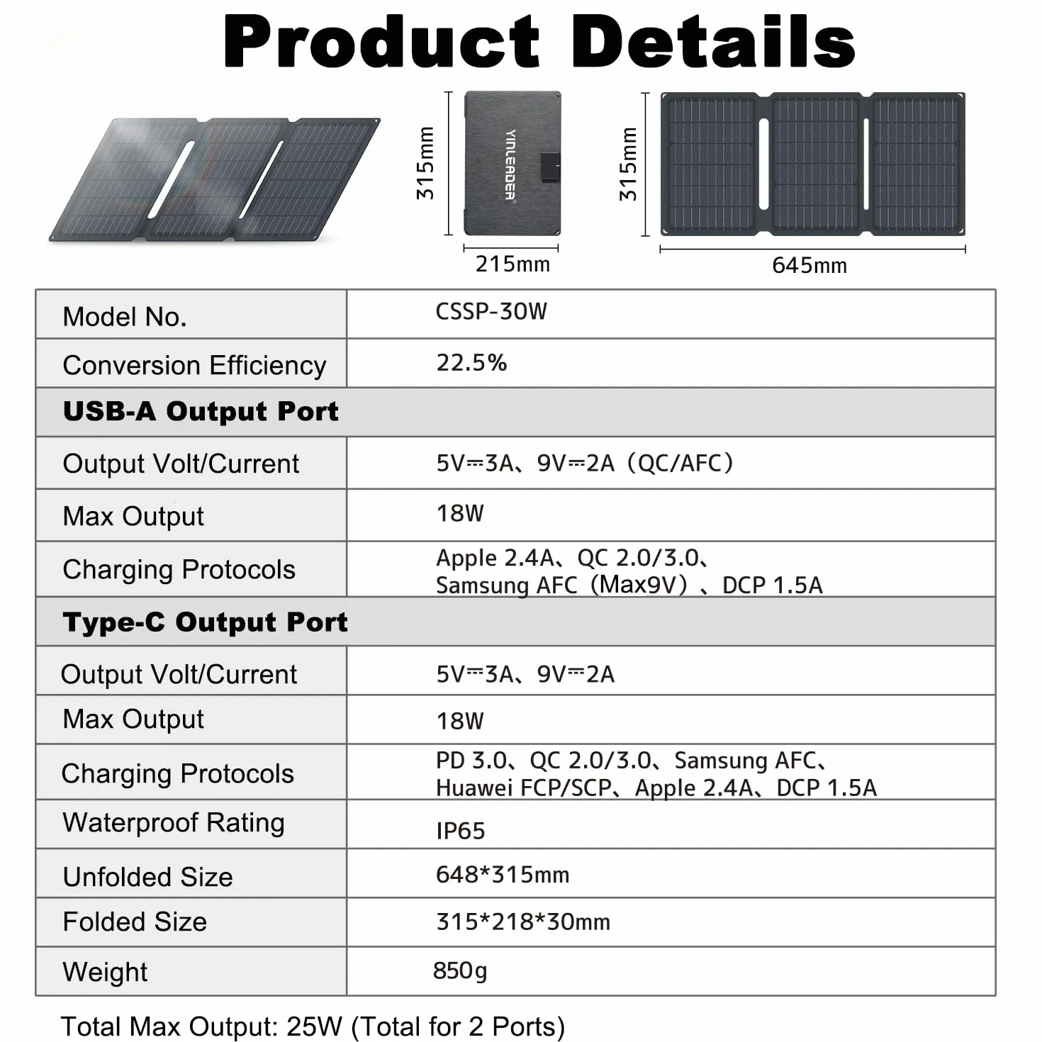Składany panel słoneczny 30 W, wodoodporna i pyłoszczelna ładowarka słoneczna IP65, składana ładowarka słoneczna z szybkim ładowaniem 18 W USB-C i USB-A QC3.0, kompatybilna ze smartfonami, tabletami