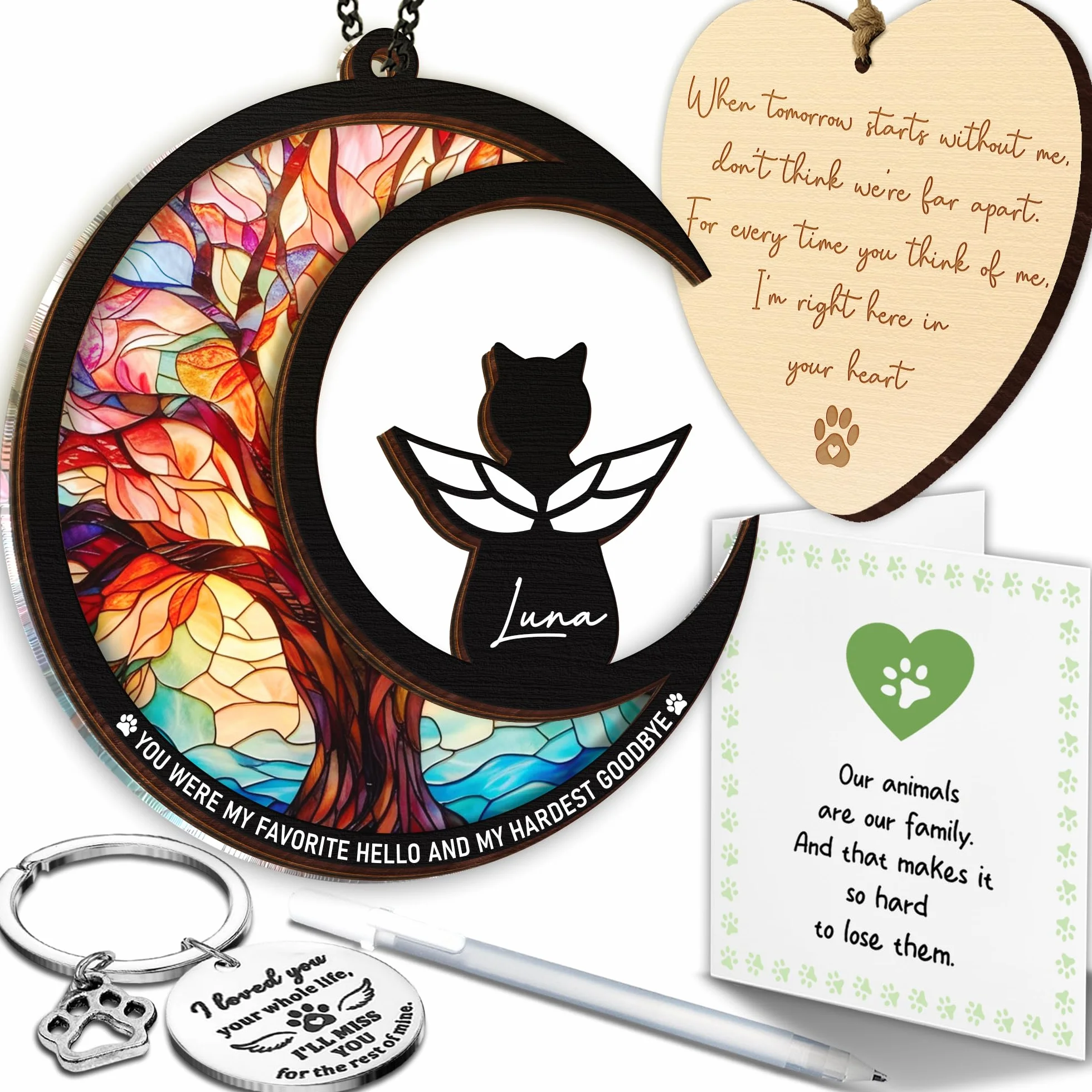 15 cm DIY Cat Memorial Suncatcher – 4 w 1 prezenty pamiątkowe dla kotów, prezenty dla zwierząt domowych, prezent z ozdobą, brelokiem i kartą współczucia, PS191